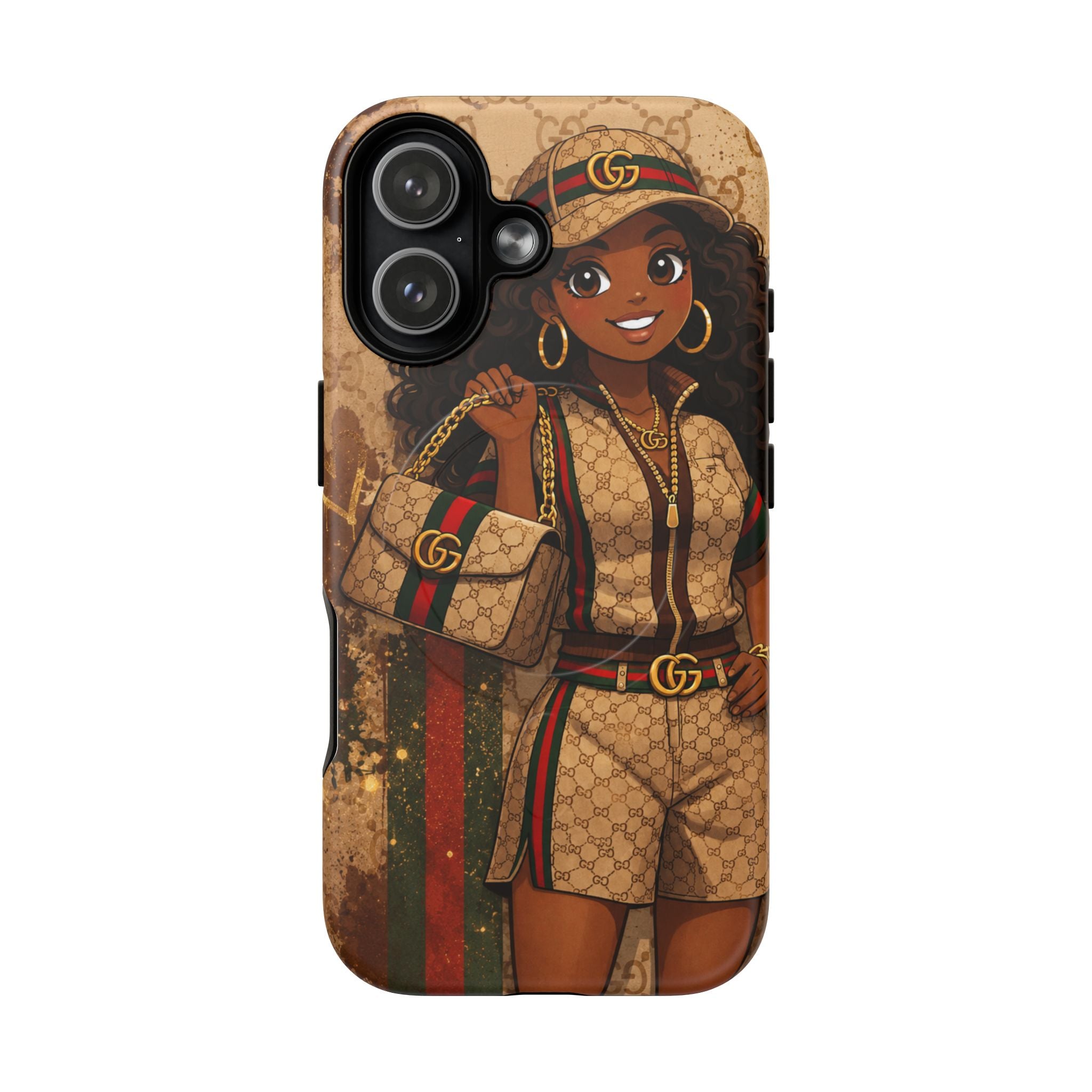 Designer-style phone case with cartoon girl wearing accessories, beige-brown design, side button cutouts.
