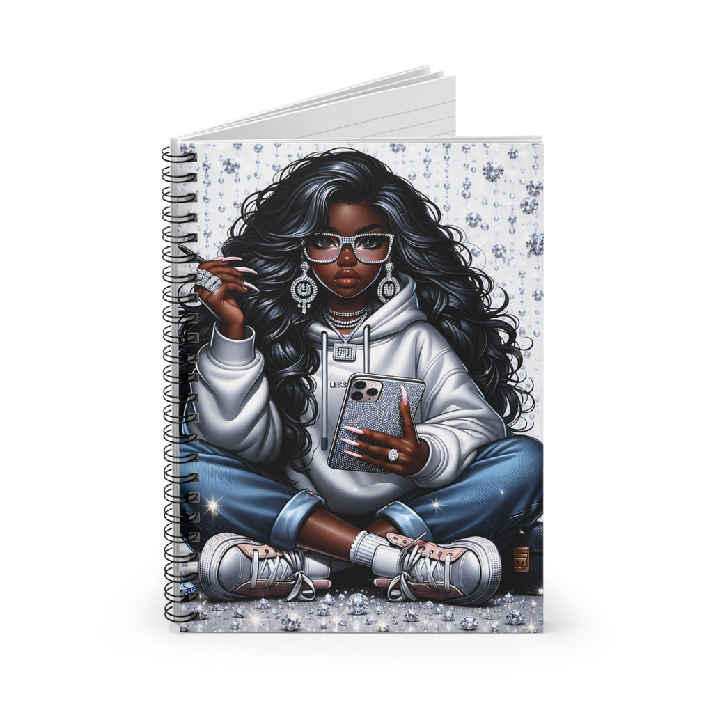 Stylish Curly-Haired Girl Hoodie Illustration Spiral Notebook | Ruled