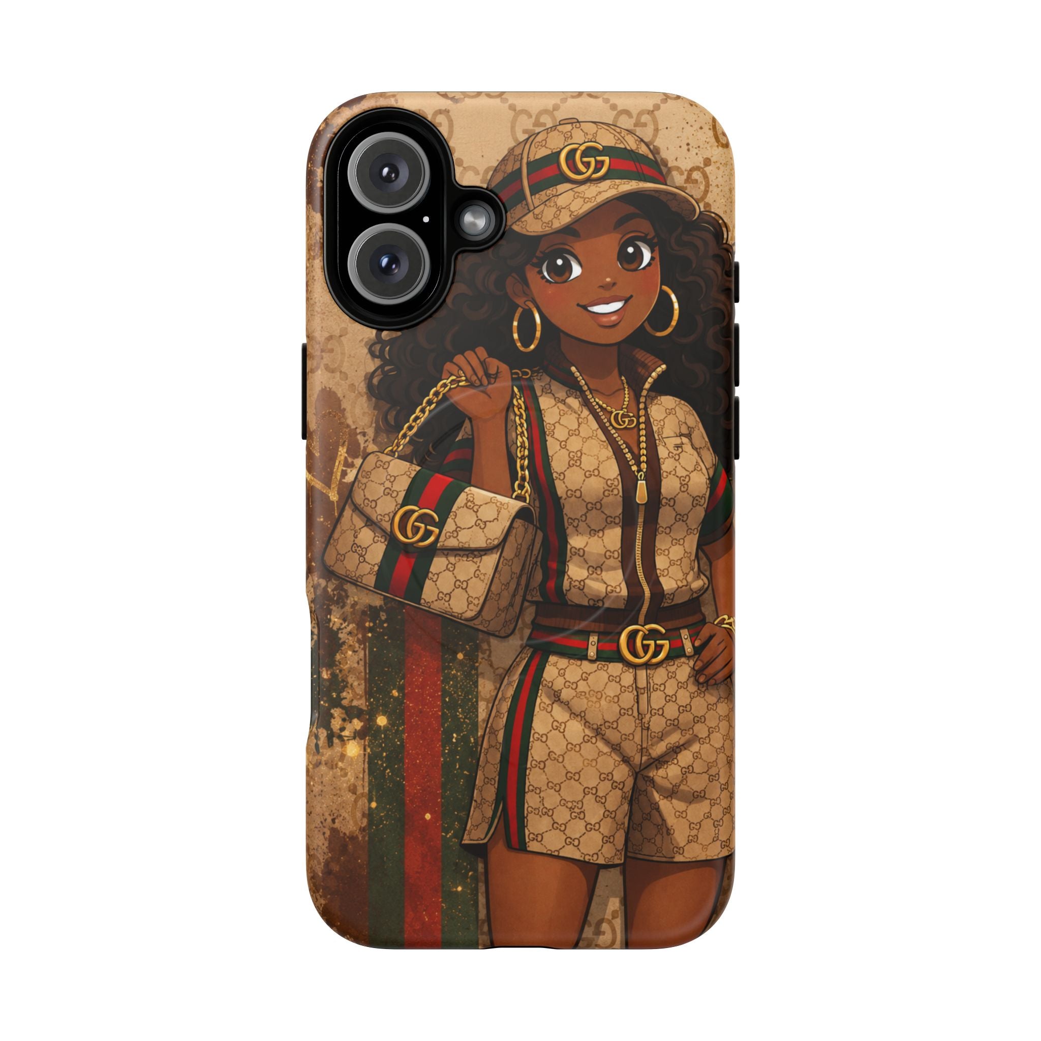 Designer-style phone case featuring cartoon girl illustration with hat and gold accents, beige and brown.