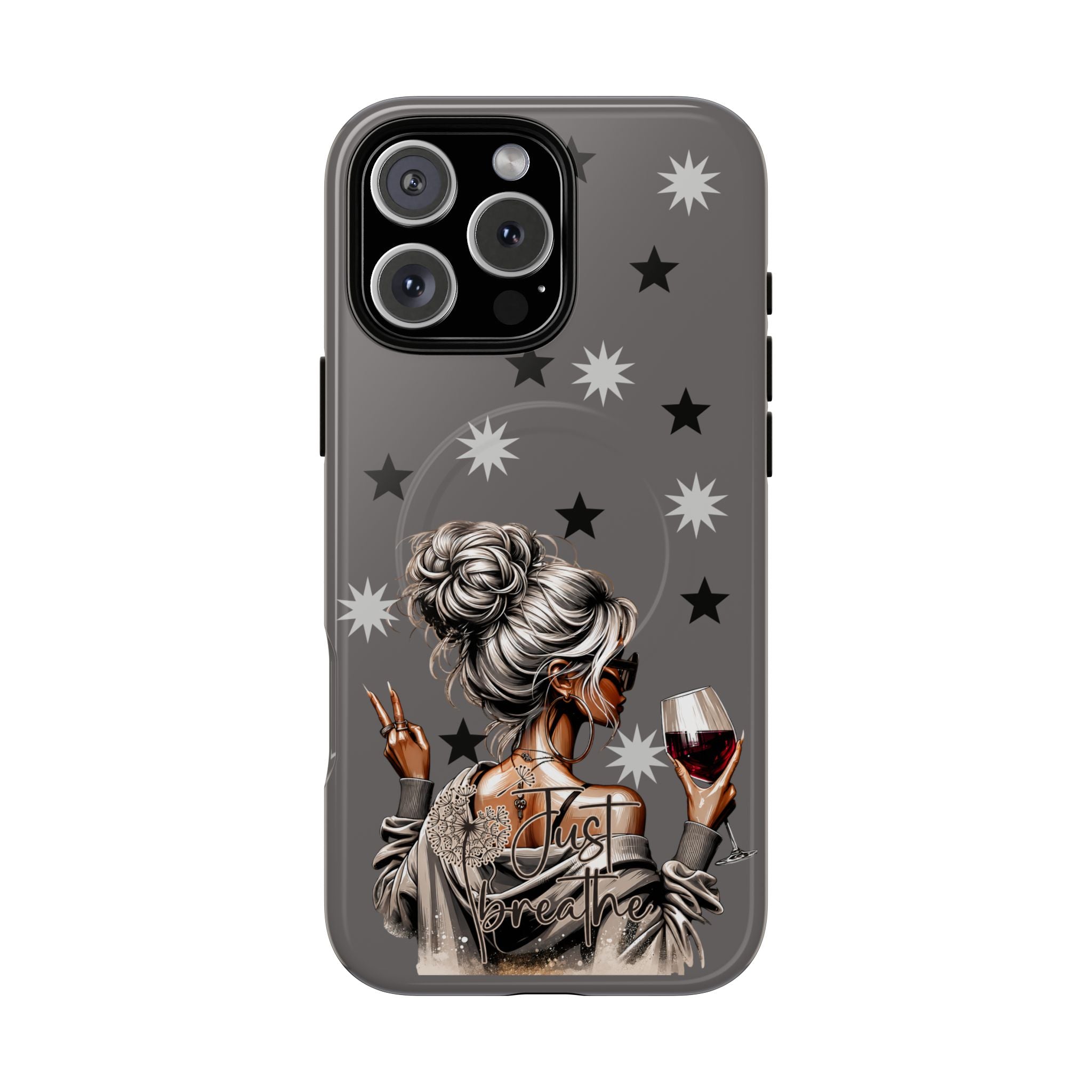 Tough magnetic phone case, dark gray with stars and woman holding wine glass, triple camera cutout