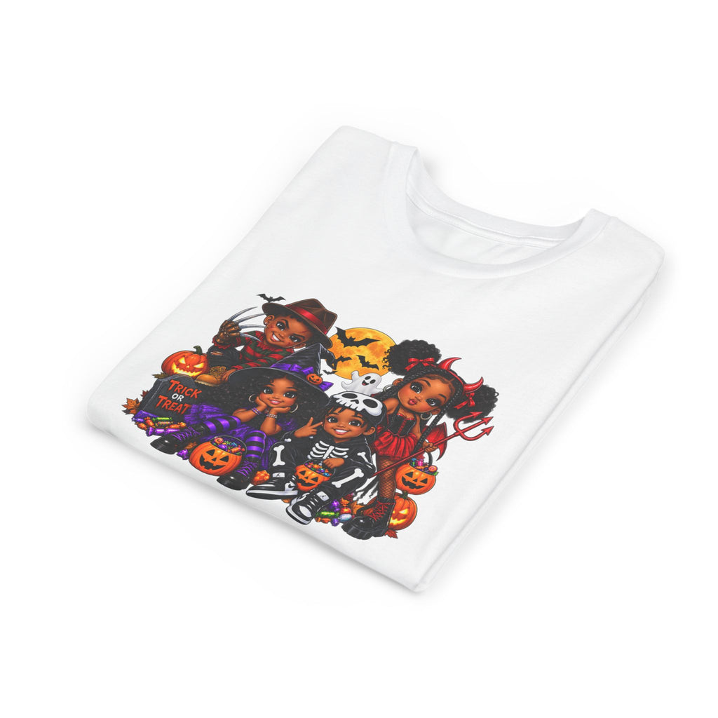 Kids Halloween Tee - Cute Black Girl Squad in Costumes with Pumpkins