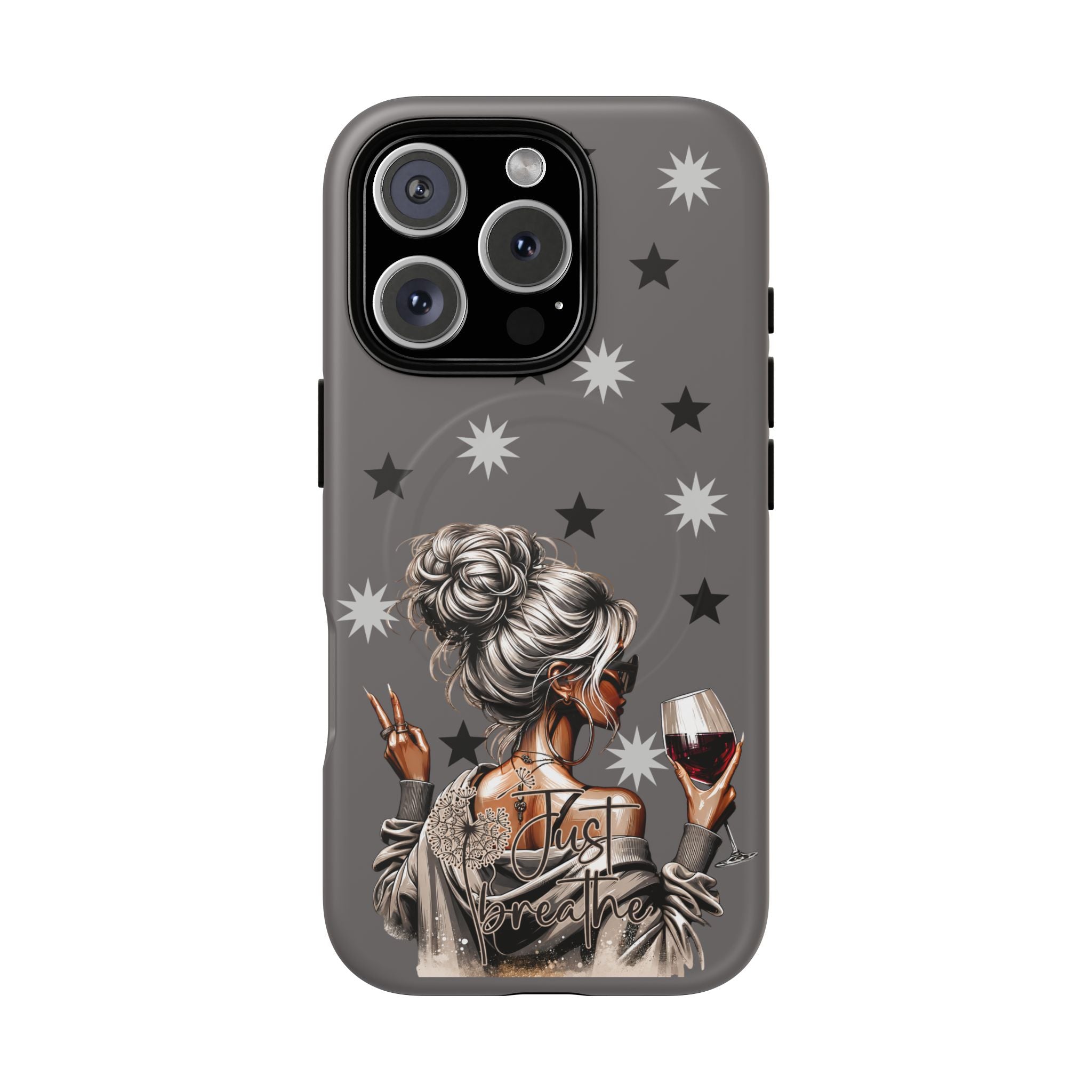 Dark gray phone case with star pattern and illustrated woman holding wine, Just Breathe text