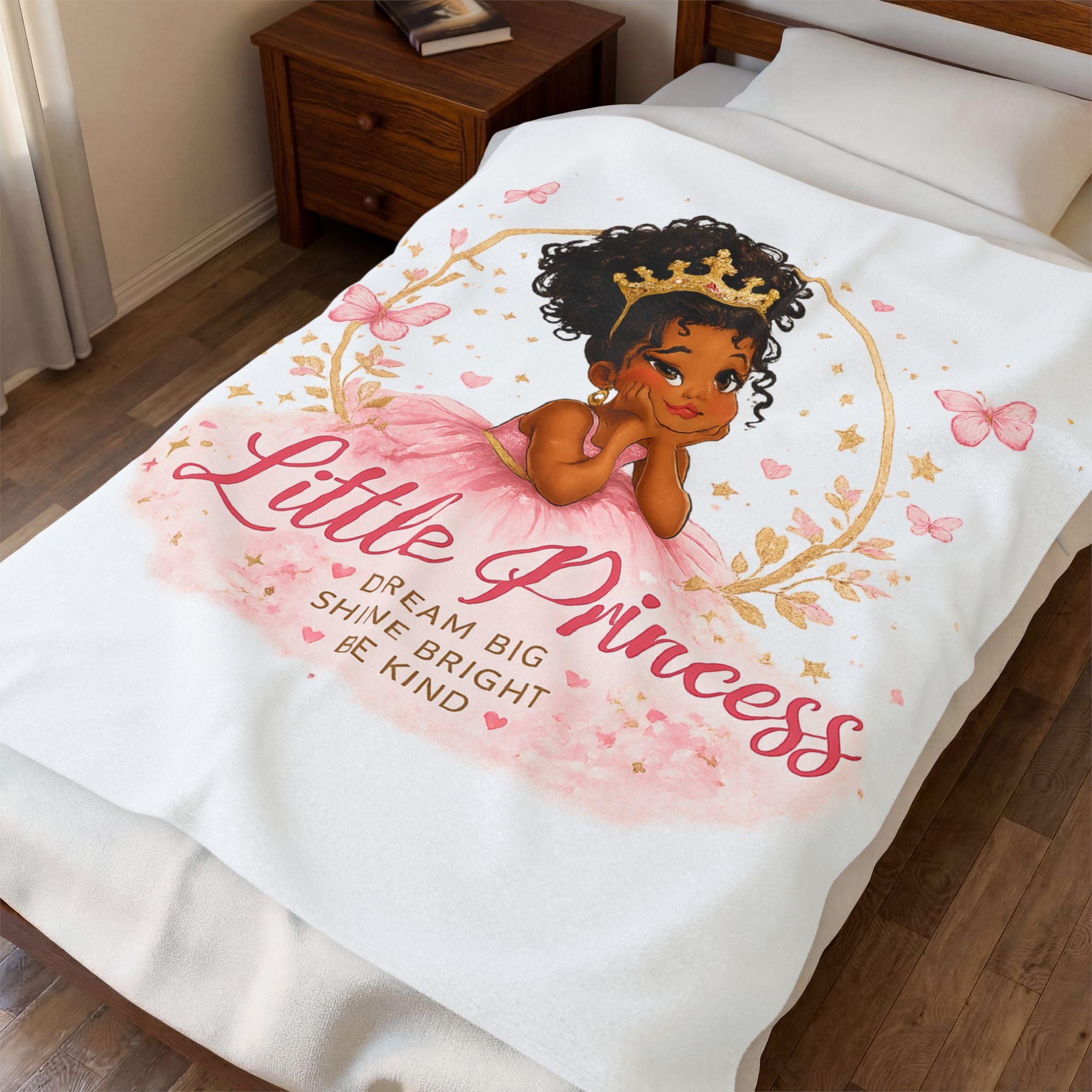 White plush throw blanket with Little Princess girl and pink dress illustration across the top