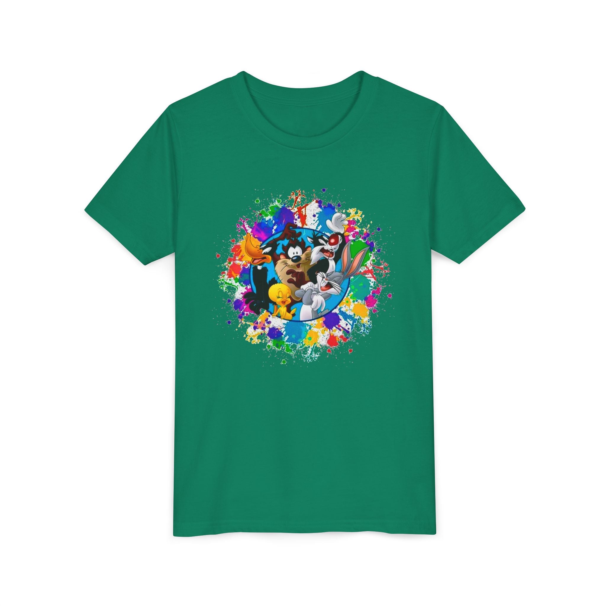 Youth crew-neck tee in green with colorful cartoon splash graphic on chest