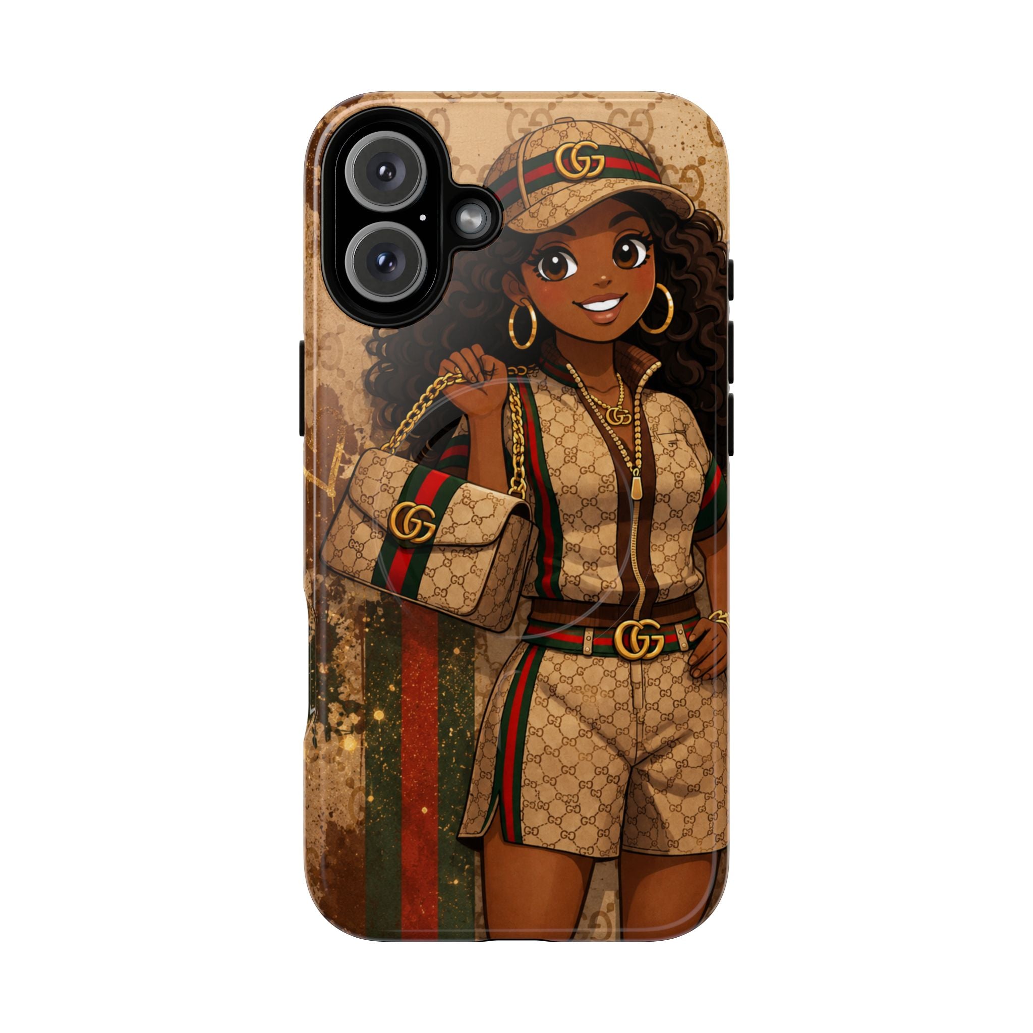 Designer-style phone case with cartoon girl pose and purse, beige-brown patterned artwork, curved edges.
