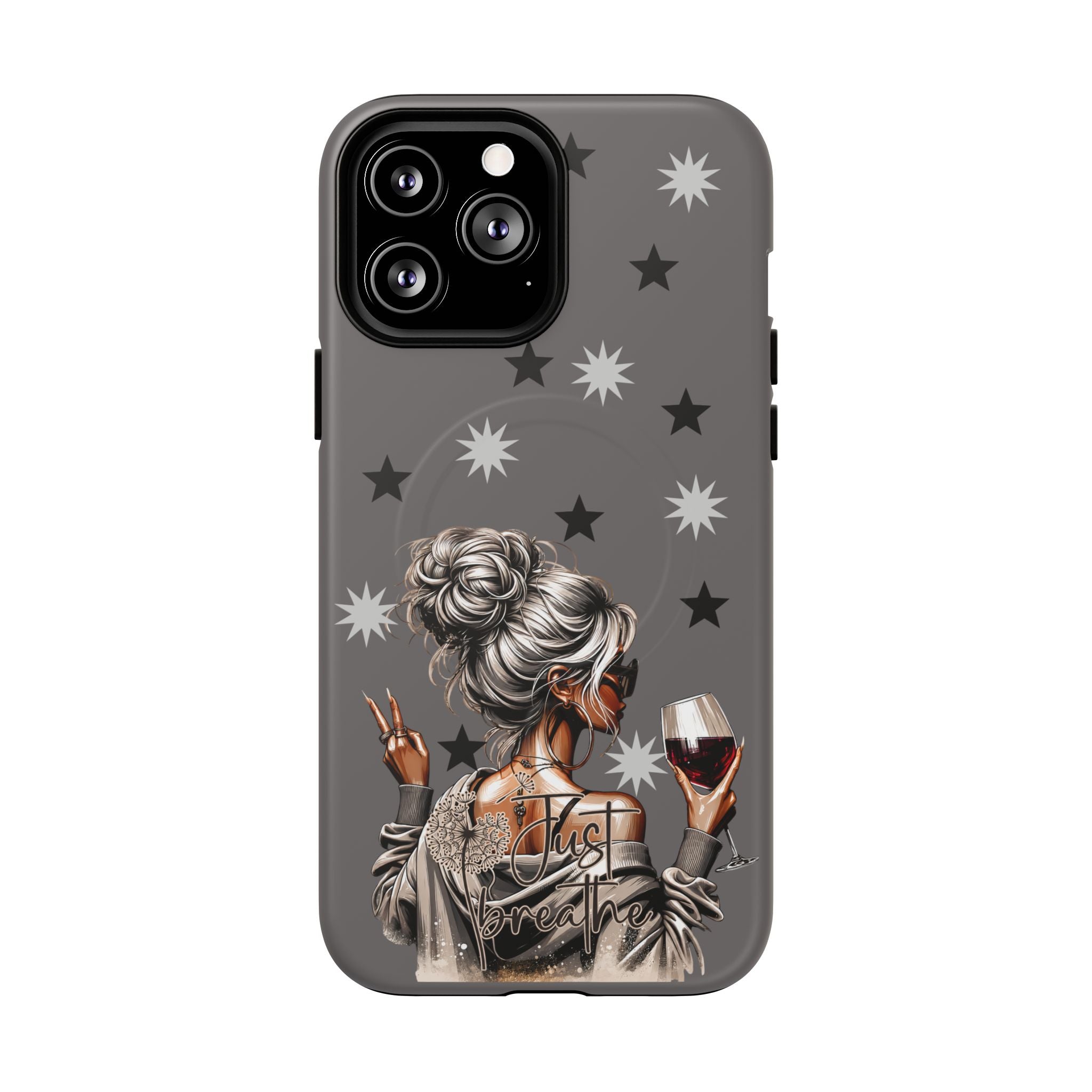 Tough magnetic phone case with gray stars and illustrated woman holding a wine glass