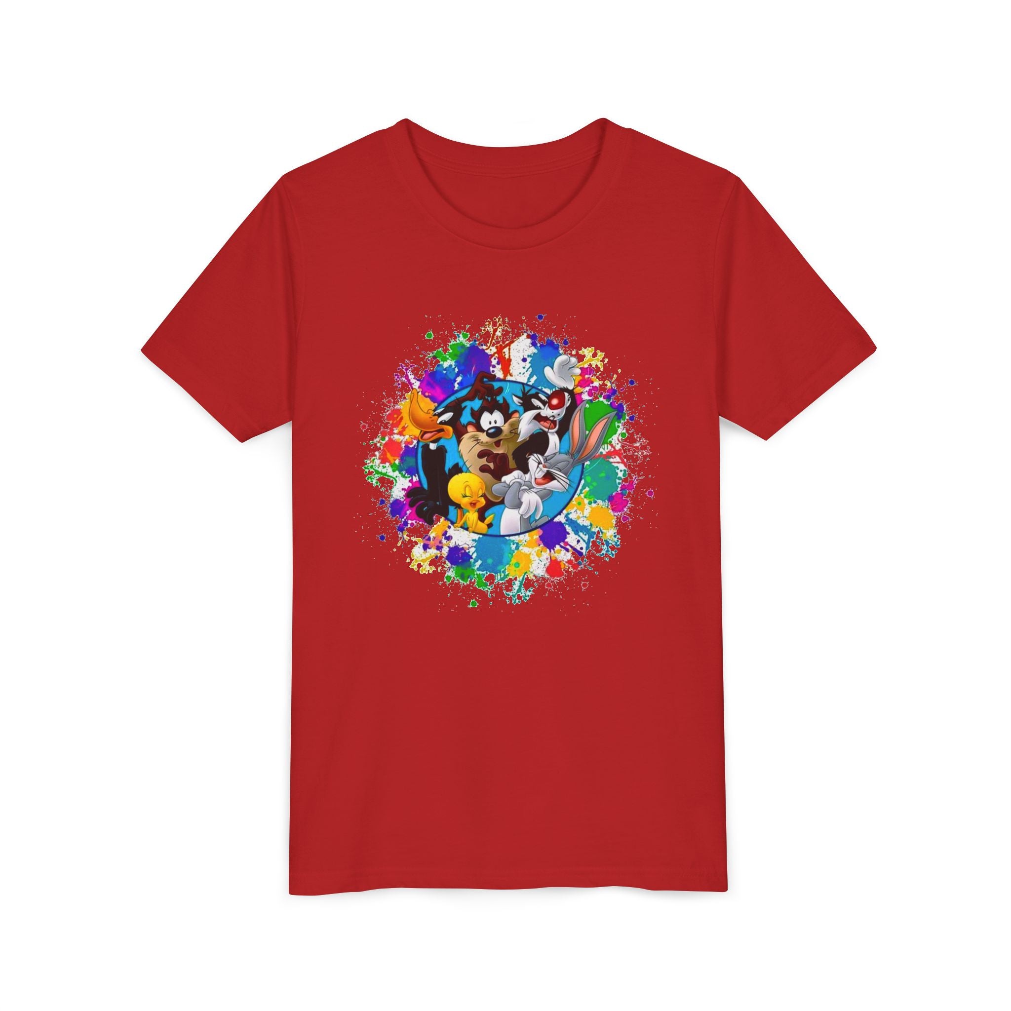 Youth crew-neck tee in red with colorful cartoon splash graphic on chest