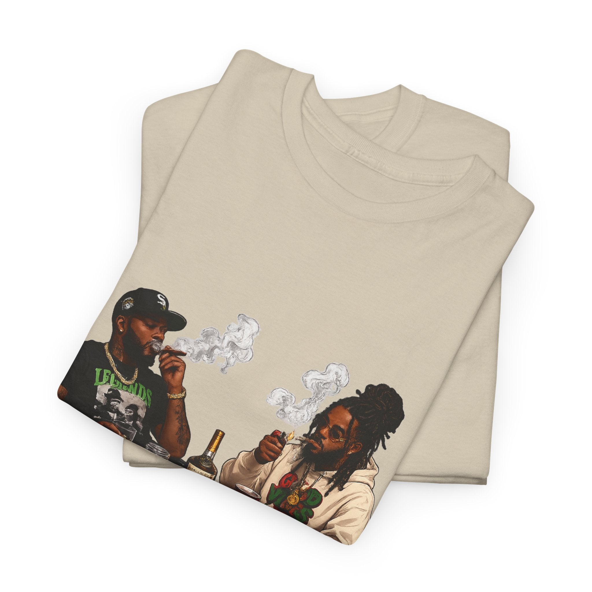 Two Friends Smoking at Table Tee | Casual Scene, Retro Illustration