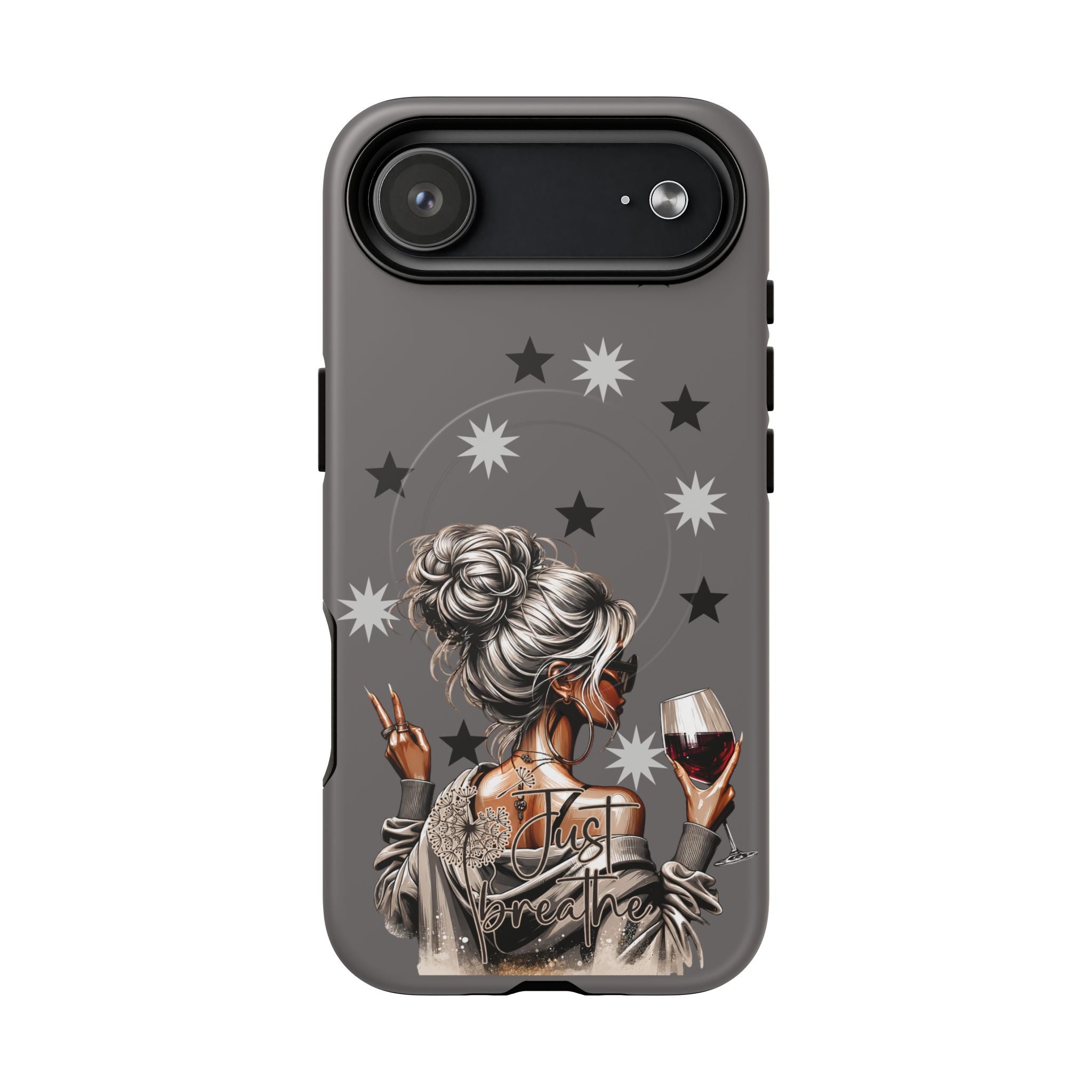 Tough magnetic phone case, dark gray with star pattern and woman holding wine, dual camera bar