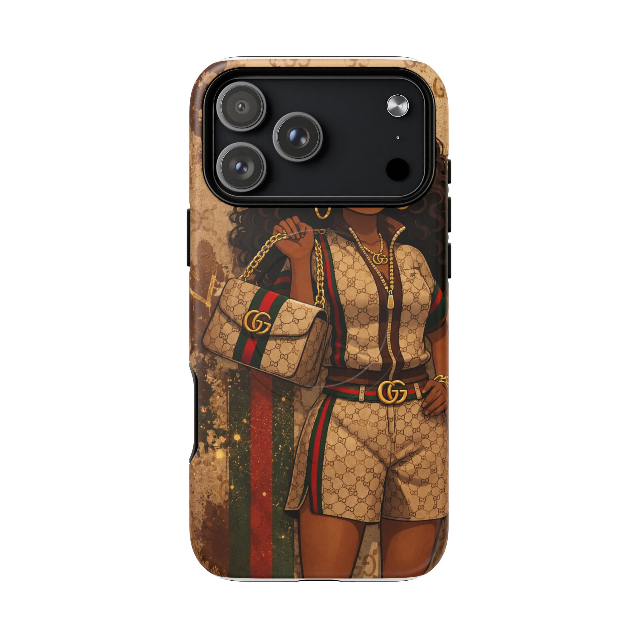 Protective phone case showing brown monogram pattern and cartoon girl, lens cutouts