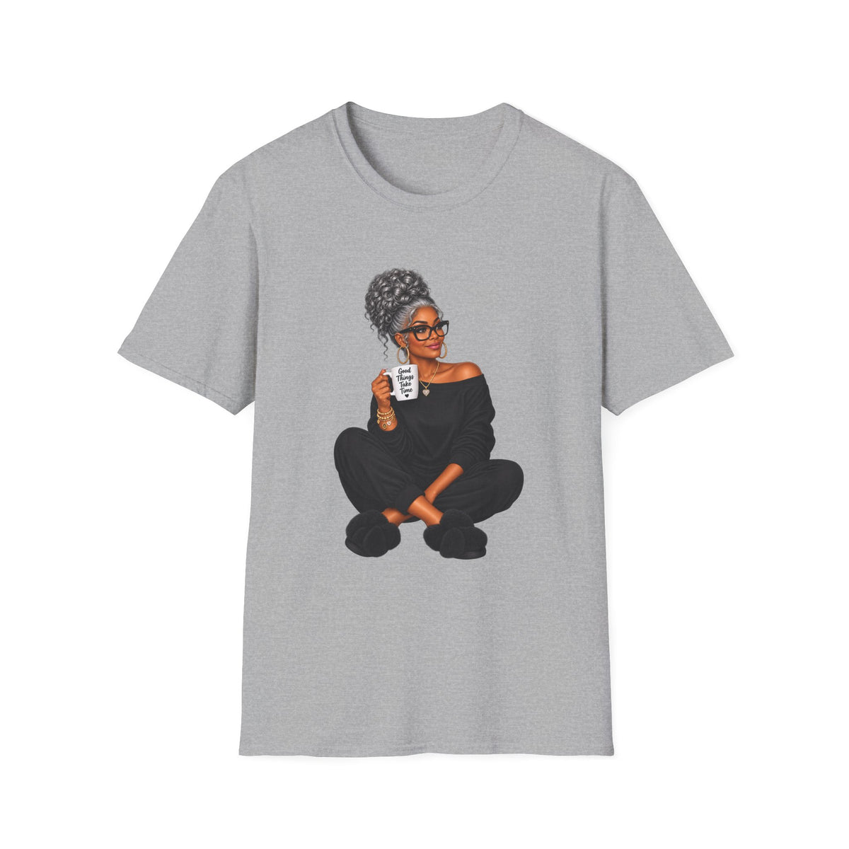 T-Shirt — Cozy Black Woman Illustration with Coffee (Relaxed Lounge Tee)