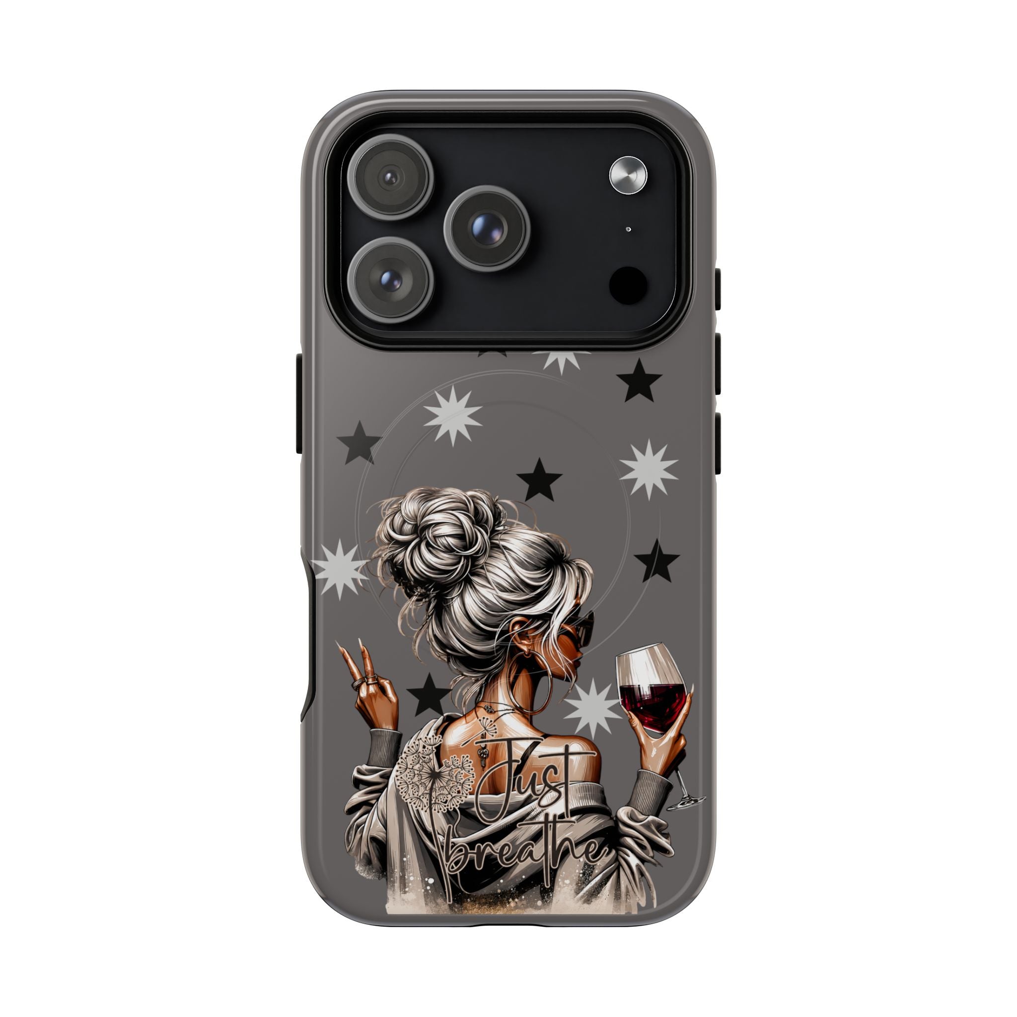 Tough magnetic phone case, dark gray with stars and woman holding wine, triple camera cutout