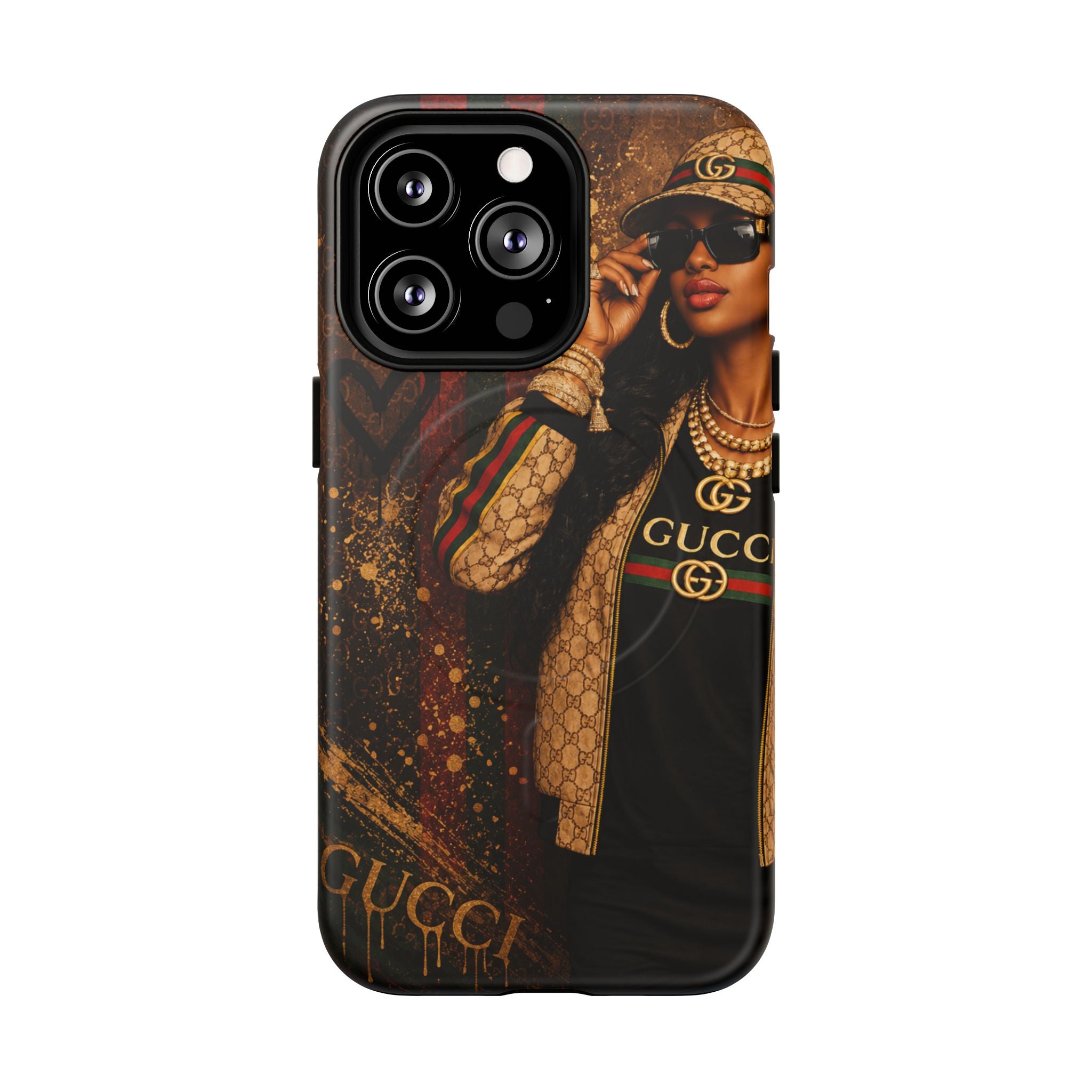 Black luxury phone case with Gucci portrait artwork and triple camera cutouts, slim sides