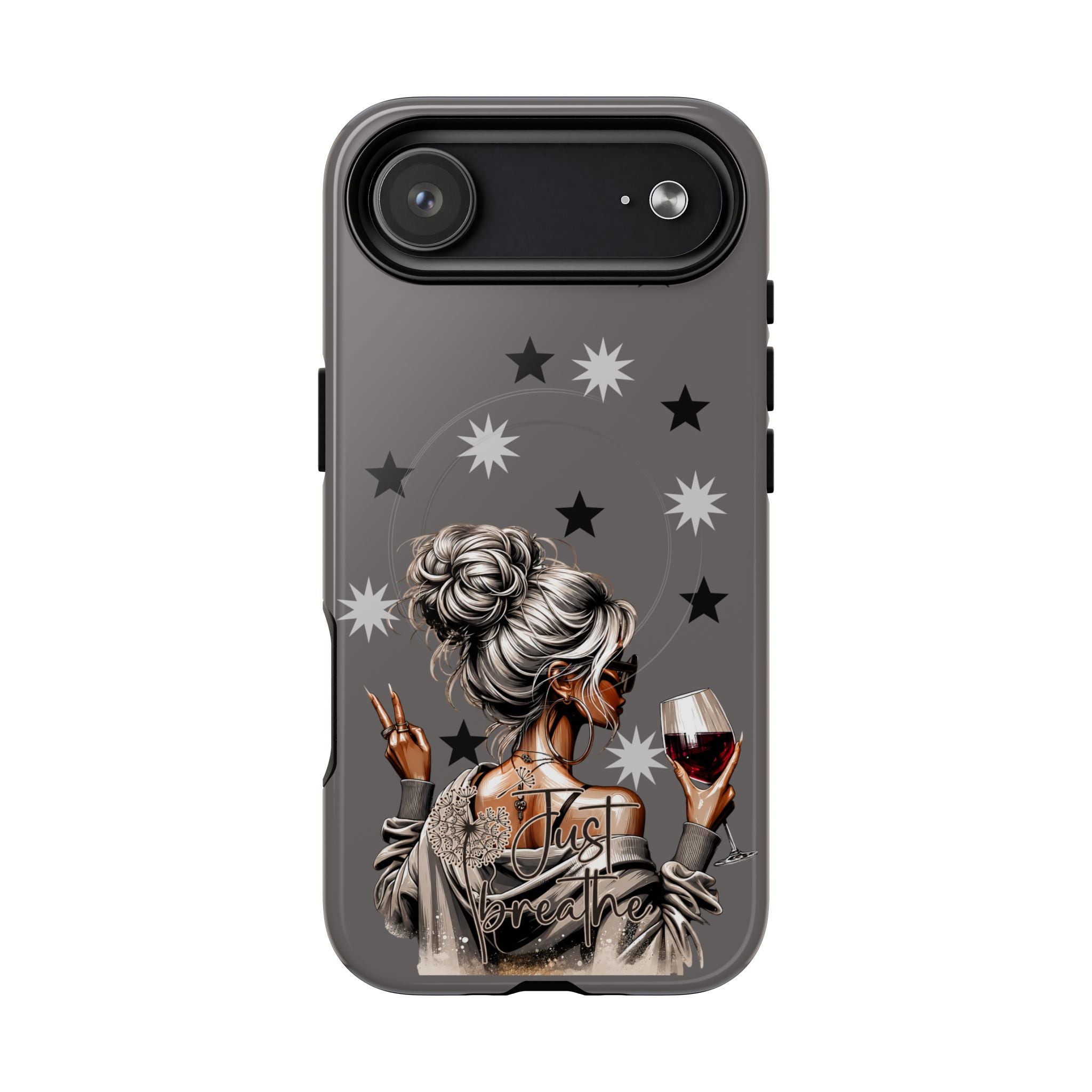 Tough magnetic phone case, dark gray with stars and woman holding wine, dual camera bar
