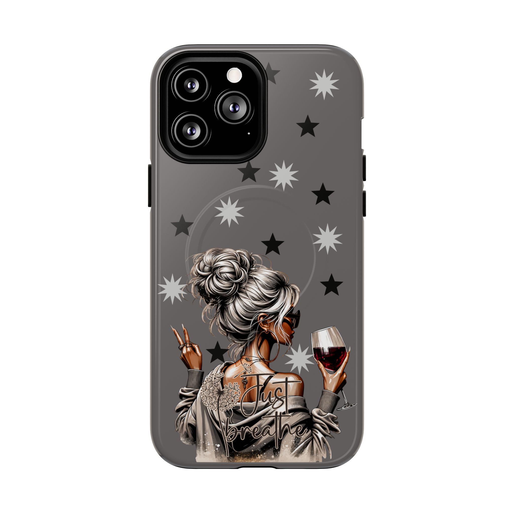 Tough magnetic phone case showing star pattern and illustrated woman on gray background