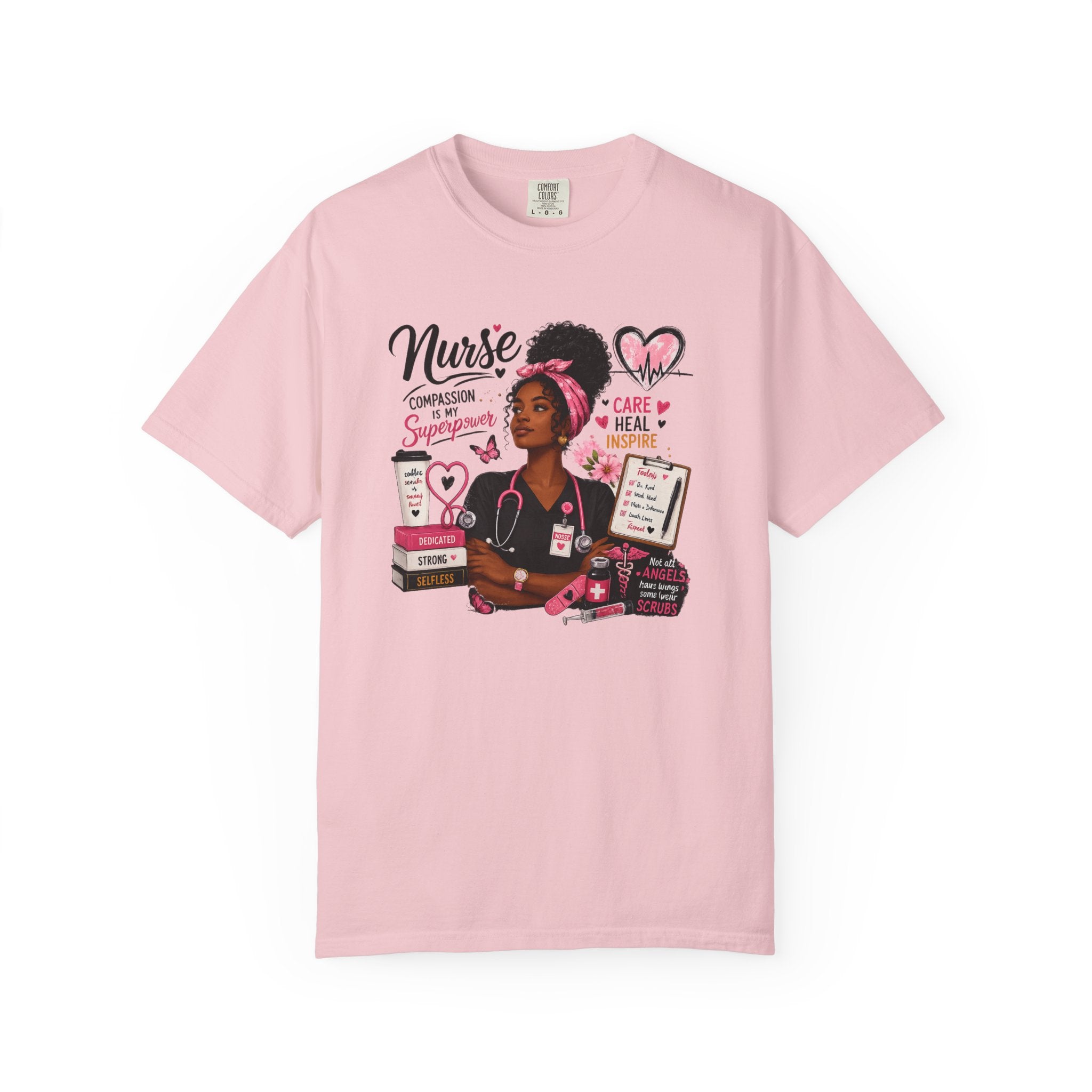 Blossom pink nurse graphic t-shirt with illustrated nurse and heart details.