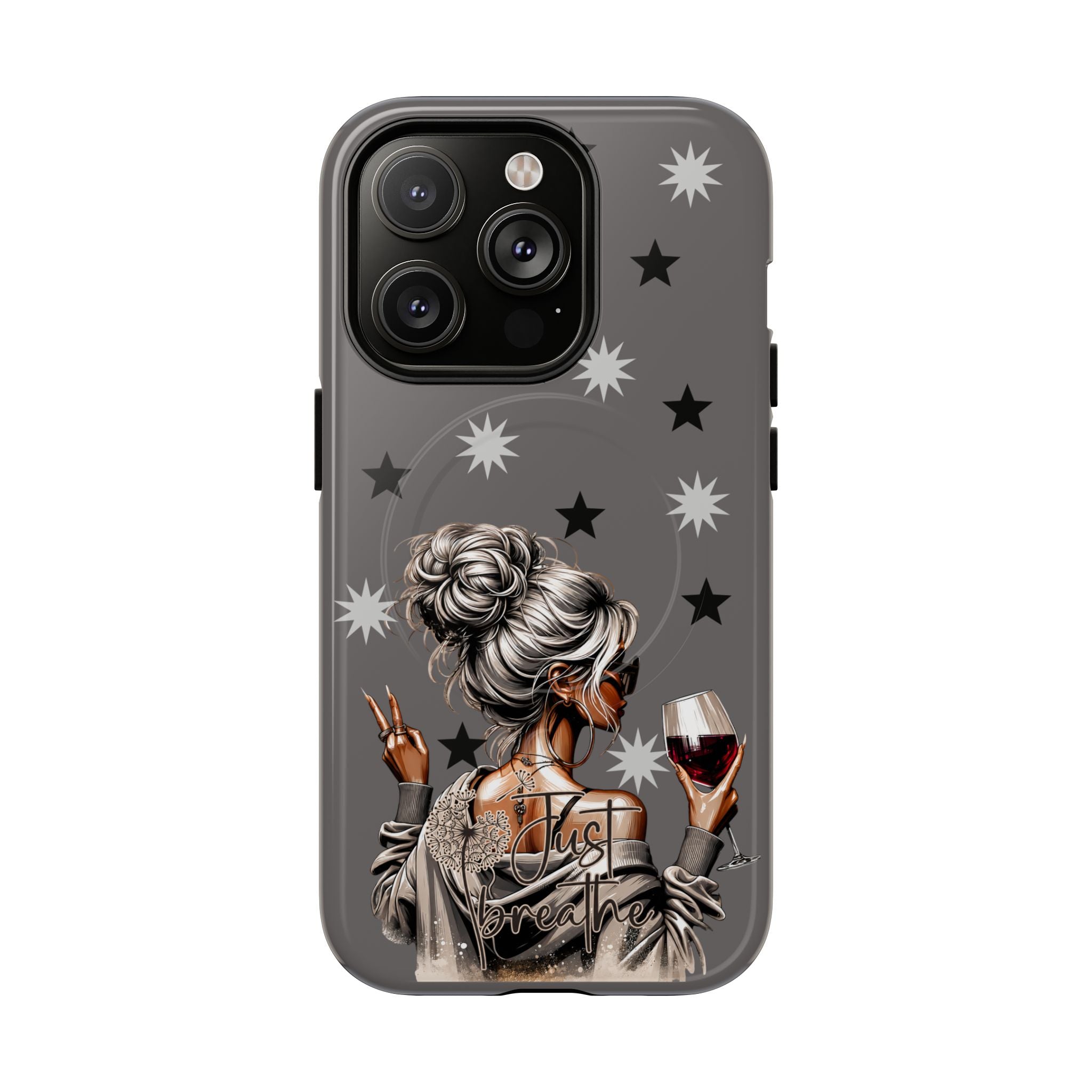 Dark gray phone case with star pattern and illustrated woman holding wine, Just Breathe text