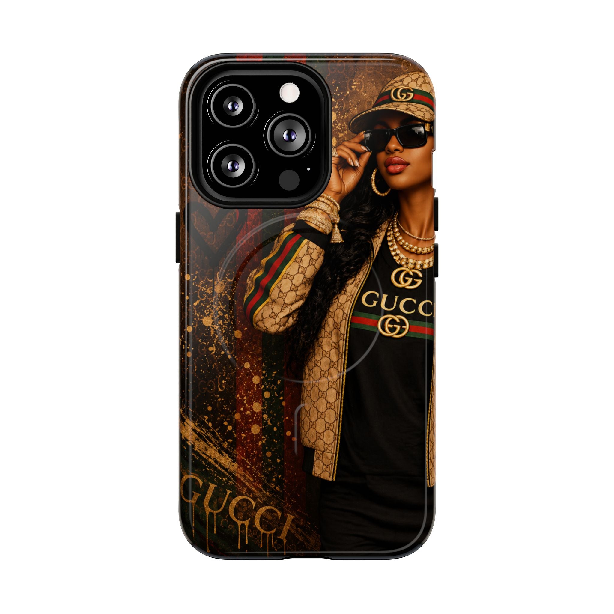 Black luxury phone case with Gucci graphic, triple camera cutouts, side buttons visible