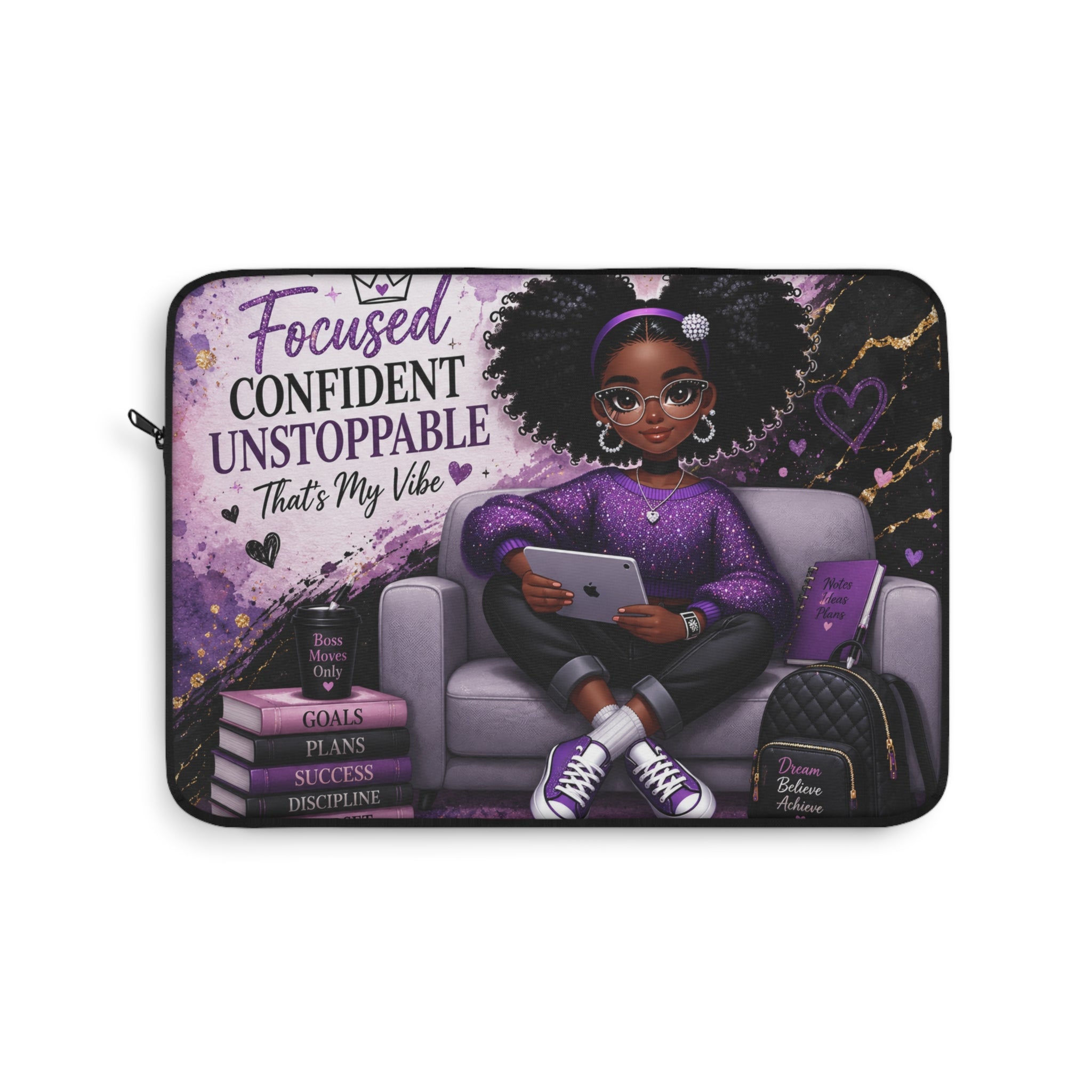 Focused Confident Unstoppable Thats My Vibe Laptop Sleeve | Girl with Tablet, Purple Afro Illustration