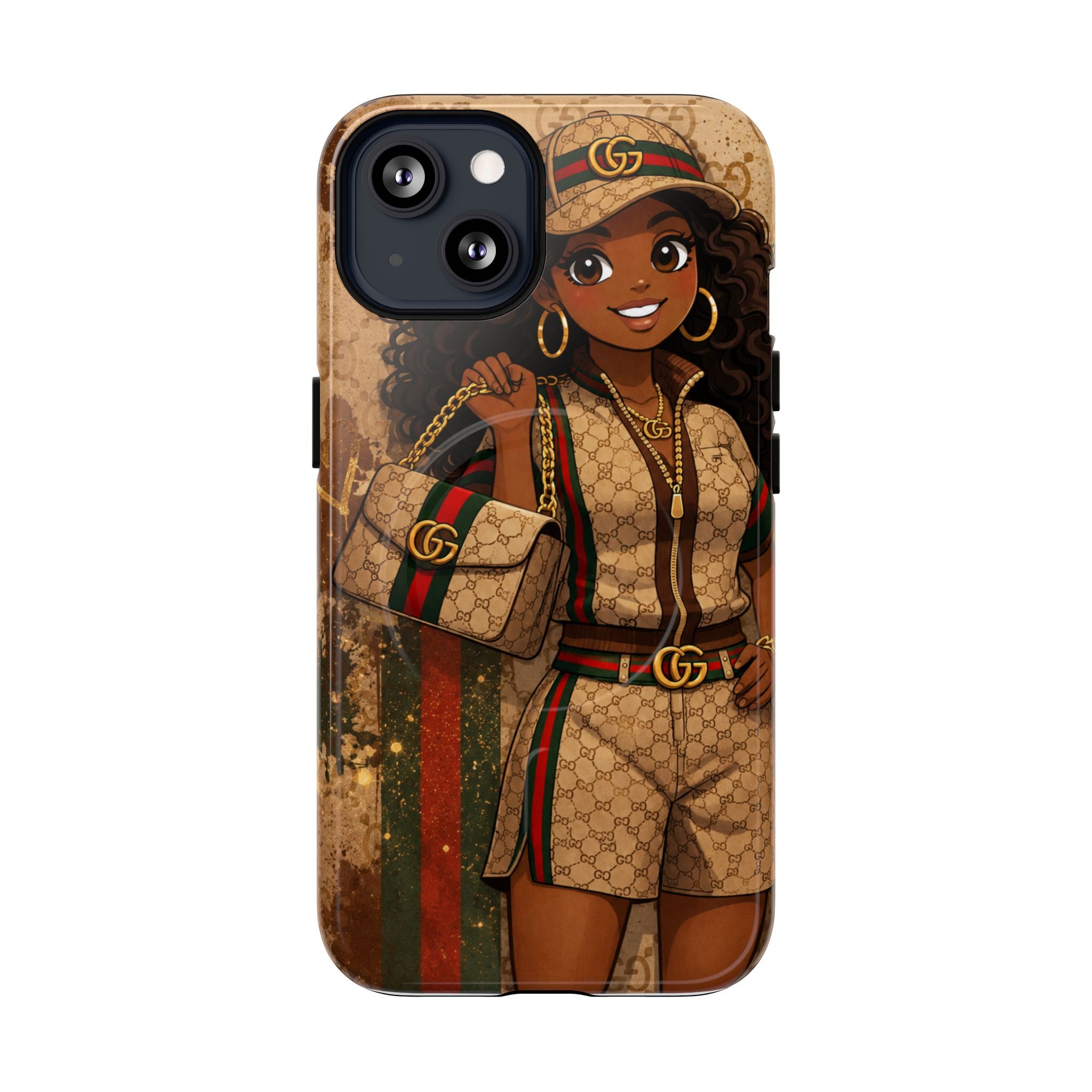 Phone case with cartoon girl face, brown monogram pattern, and front camera cutout