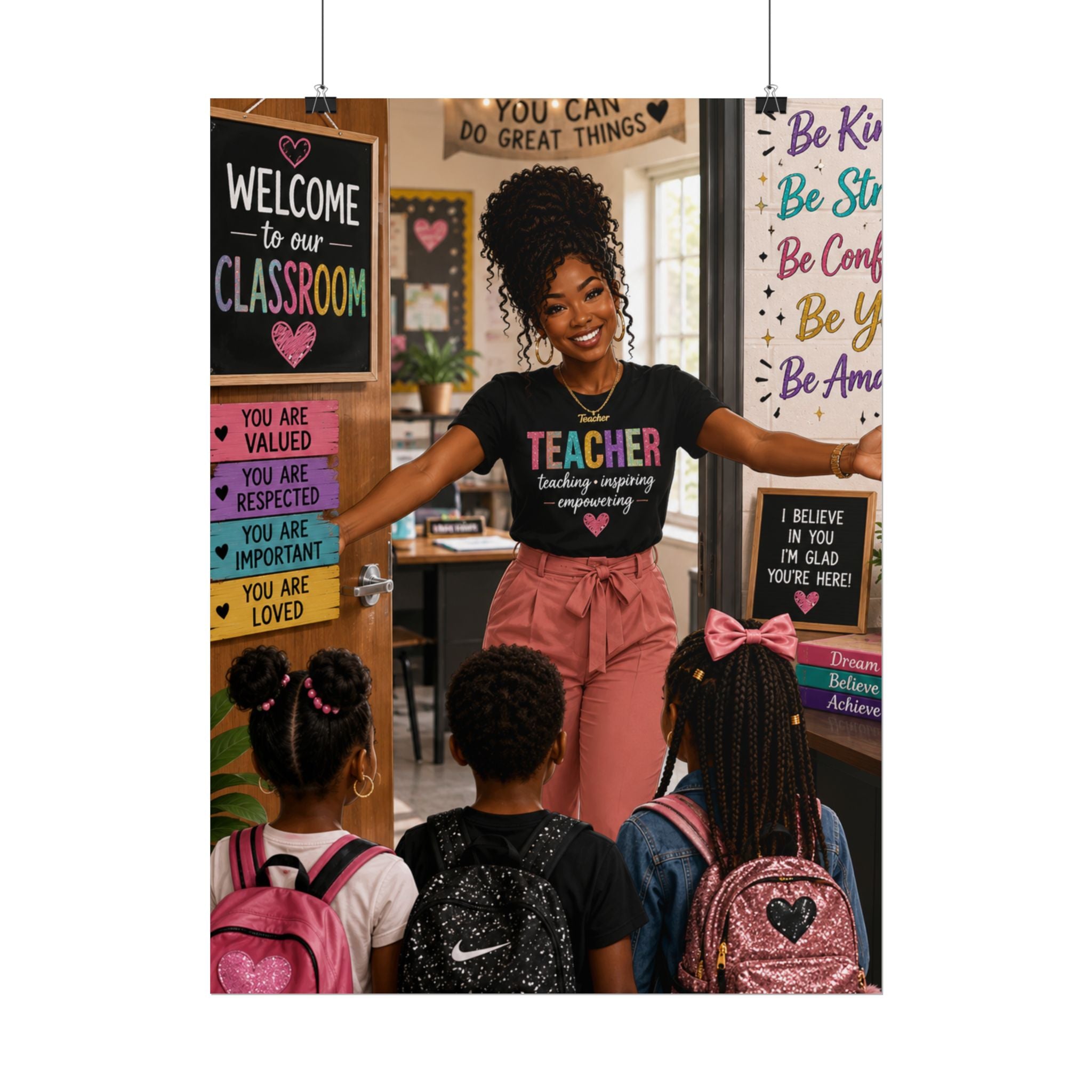 Hanging classroom welcome poster with teacher, hearts, and motivational quotes on panels