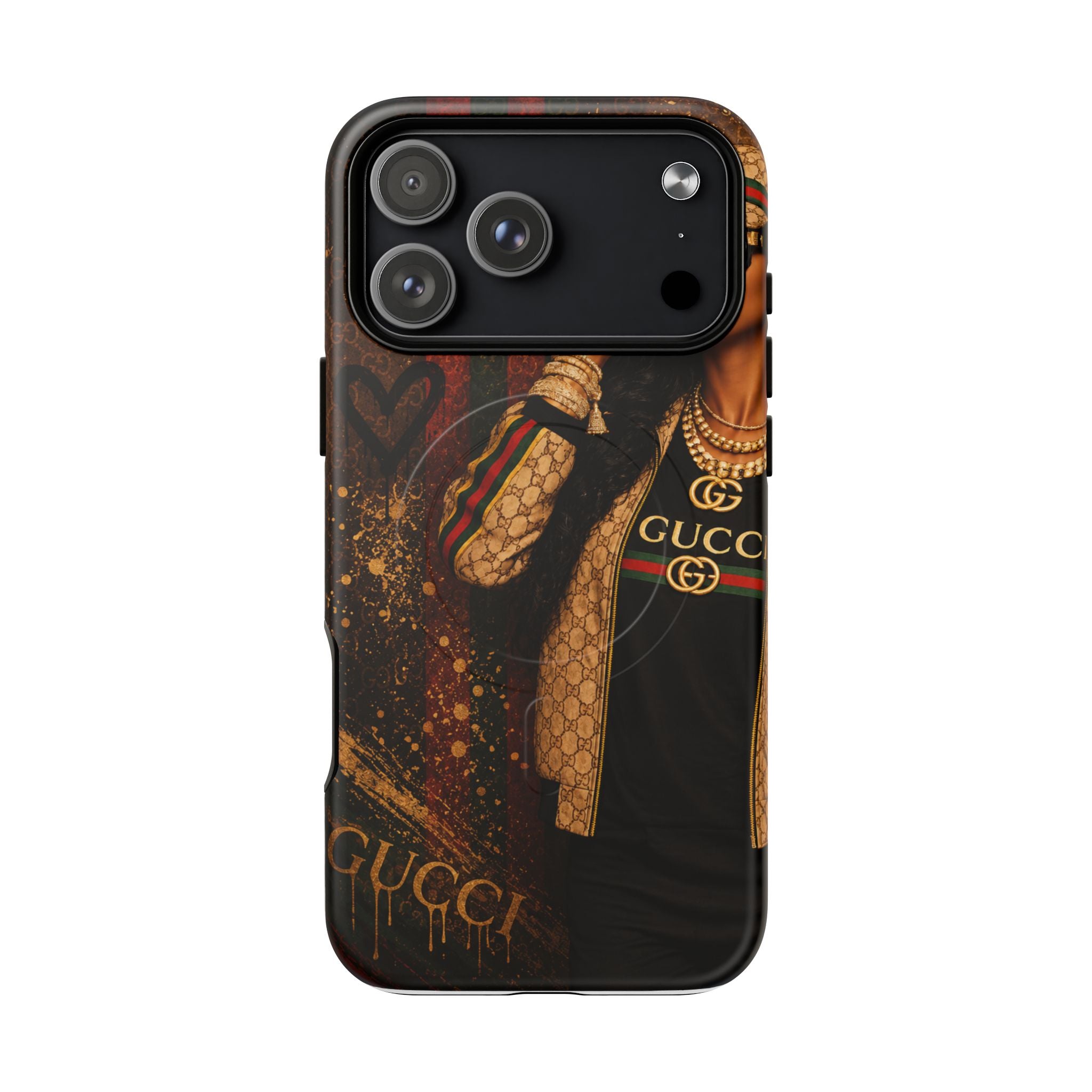 Black luxury phone case featuring Gucci graphic on back with triple camera cutouts