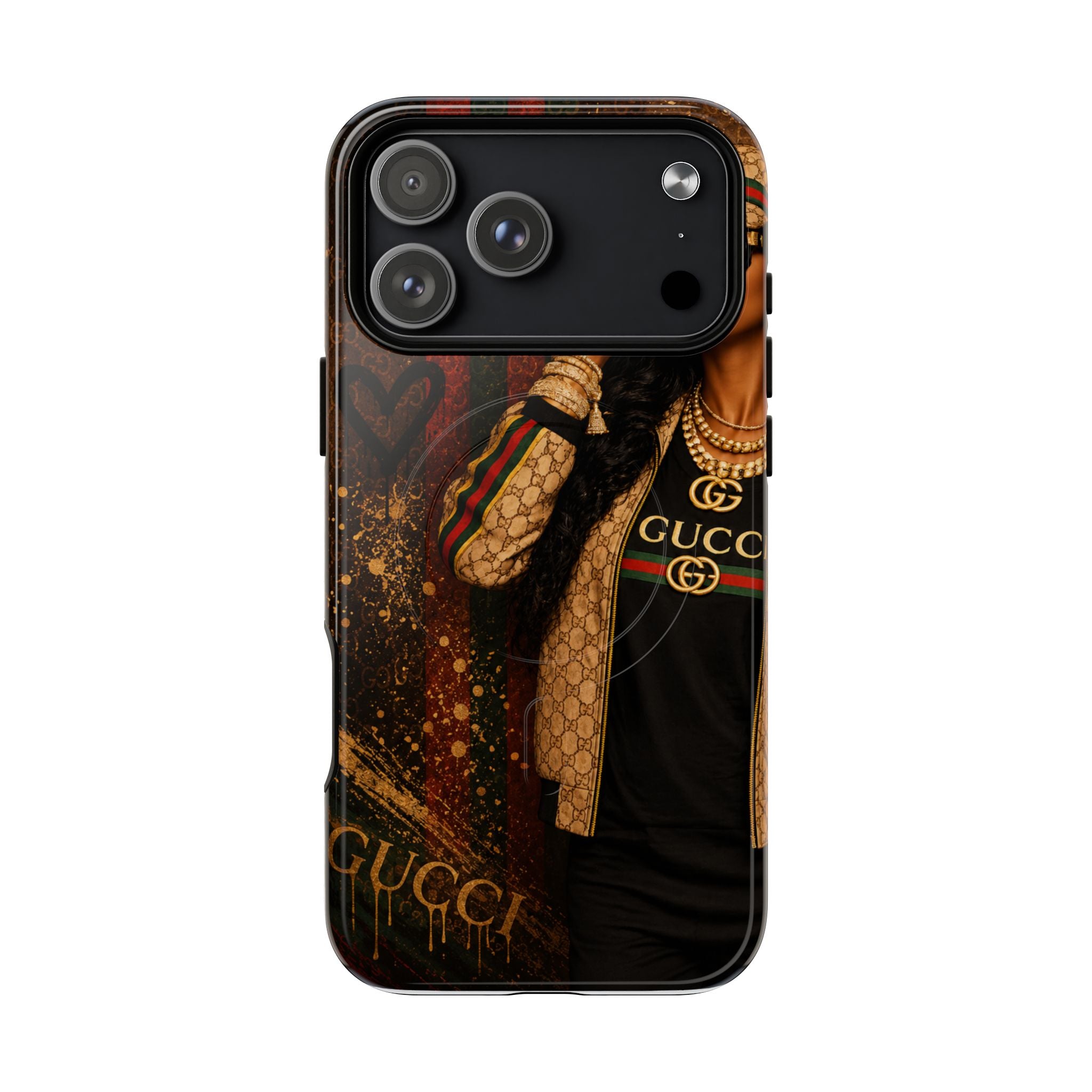 Black luxury phone case with Gucci fashion graphic, triple camera cutouts, raised rim