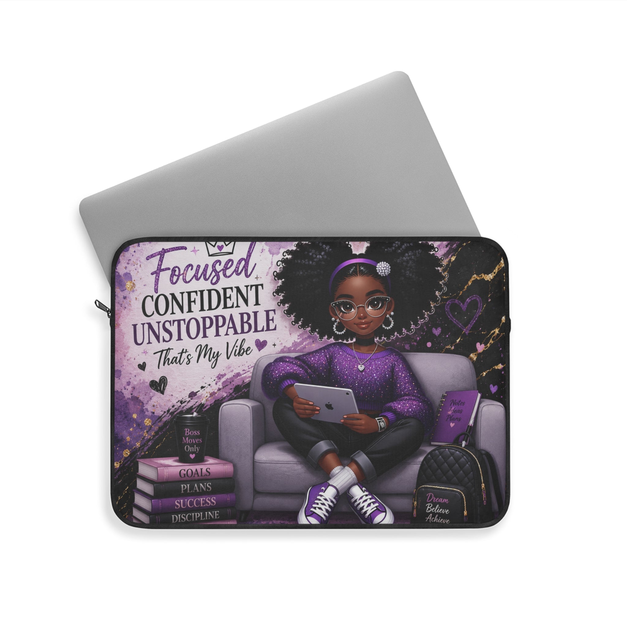 Focused Confident Unstoppable Thats My Vibe Laptop Sleeve | Girl with Tablet, Purple Afro Illustration