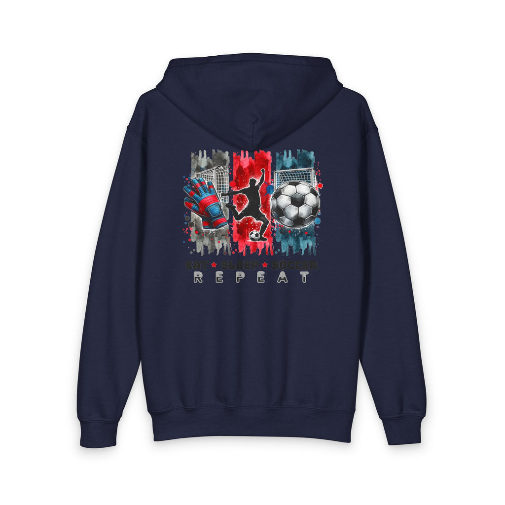 Youth Soccer Zip Hoodie — Eat, Sleep, Soccer Repeat Back Print