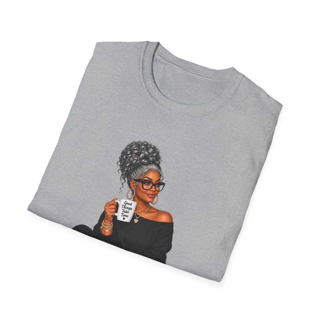 T-Shirt — Cozy Black Woman Illustration with Coffee (Relaxed Lounge Tee)