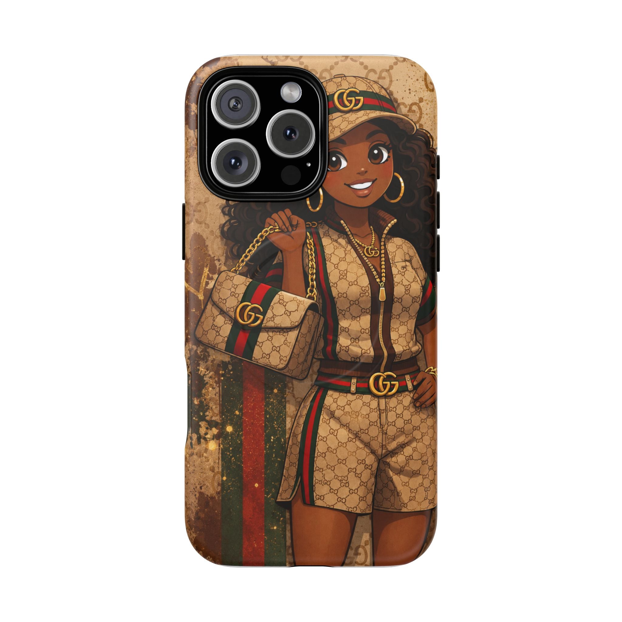 Phone case with gold-brown illustrated portrait, black camera cutouts, and chain detail