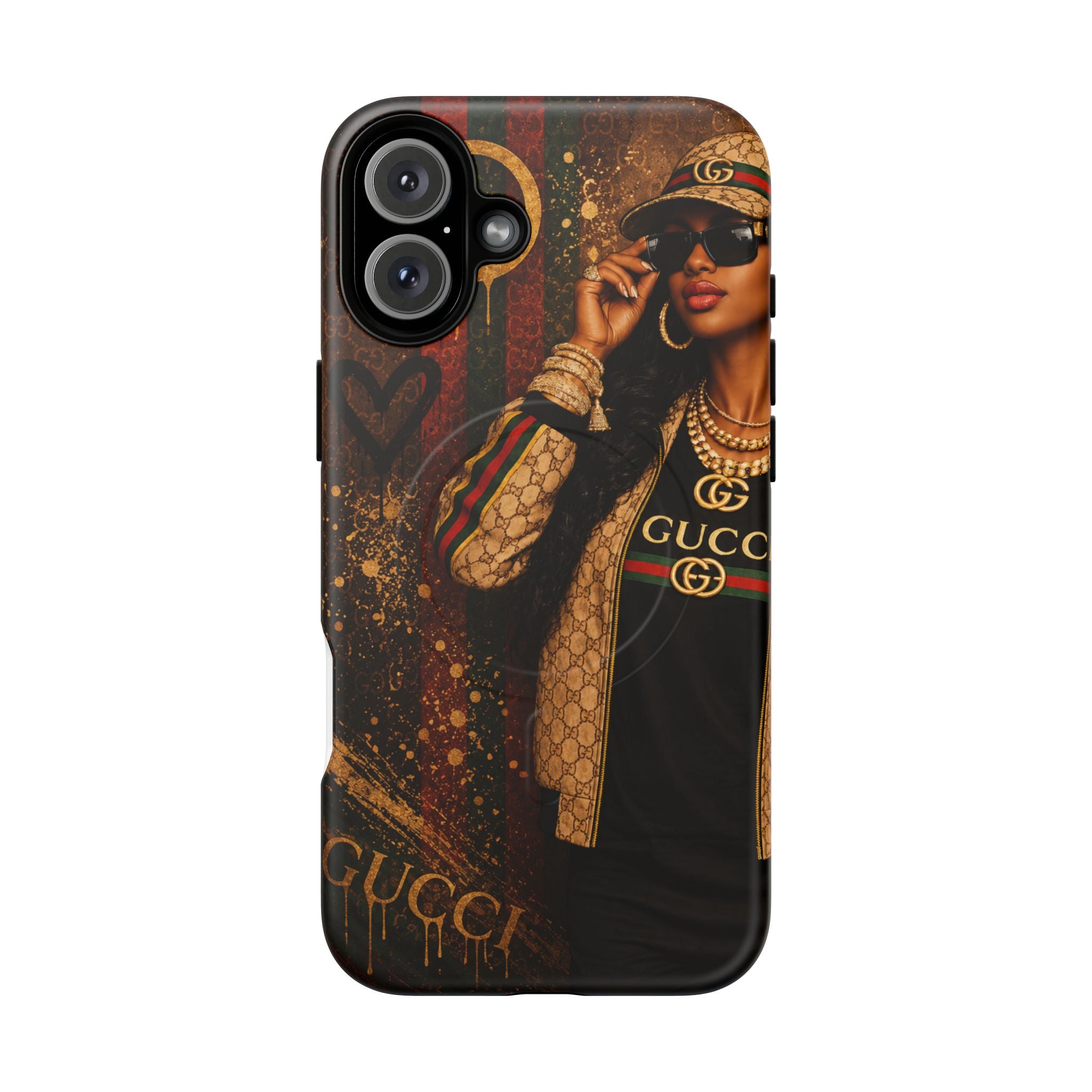 Tough phone case with Gucci logo print, dark brown/black street-style portrait and triple cameras