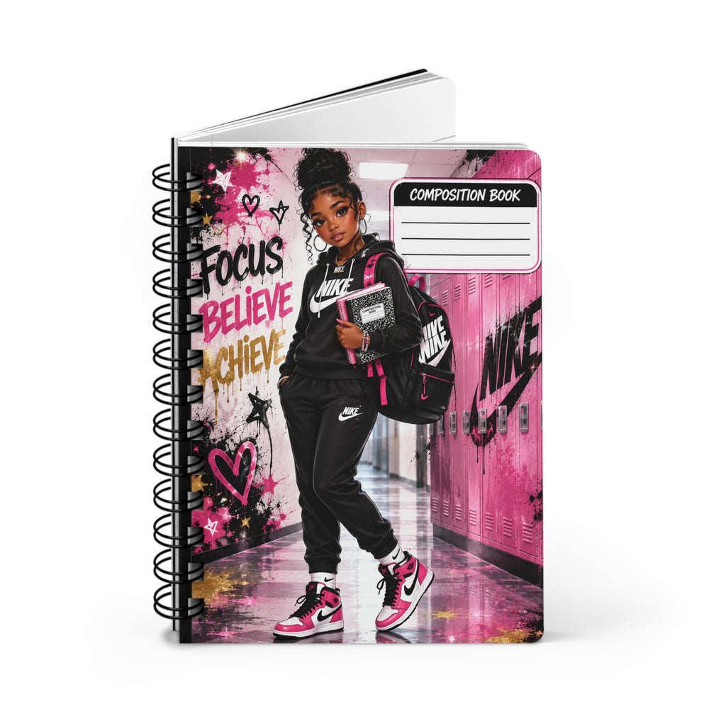 Spiral Notebook — 'Focus Believe Achieve' Pink Girl Back-to-School Composition Journal