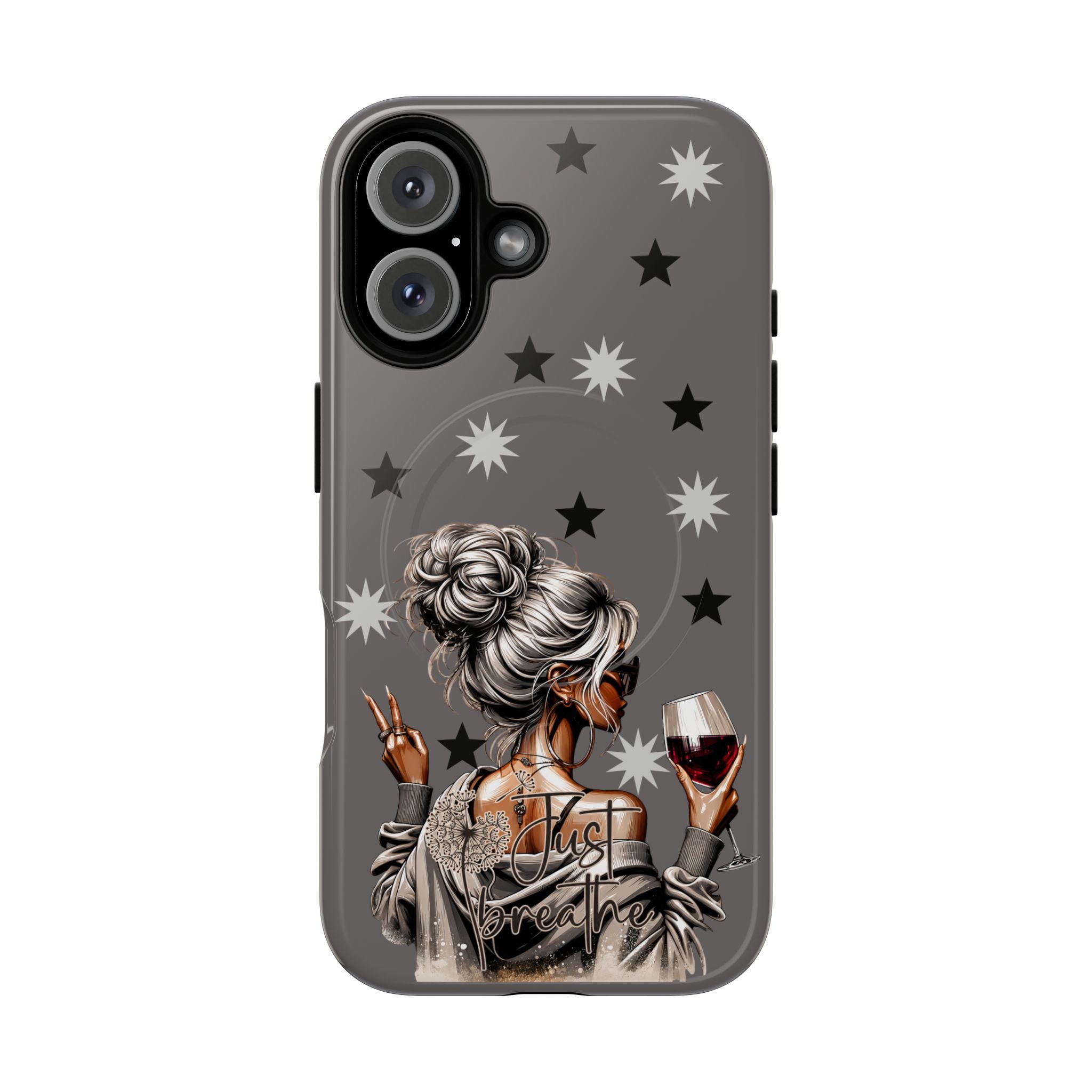Tough magnetic phone case, dark gray with stars and stylized woman holding wine, triple camera cutout