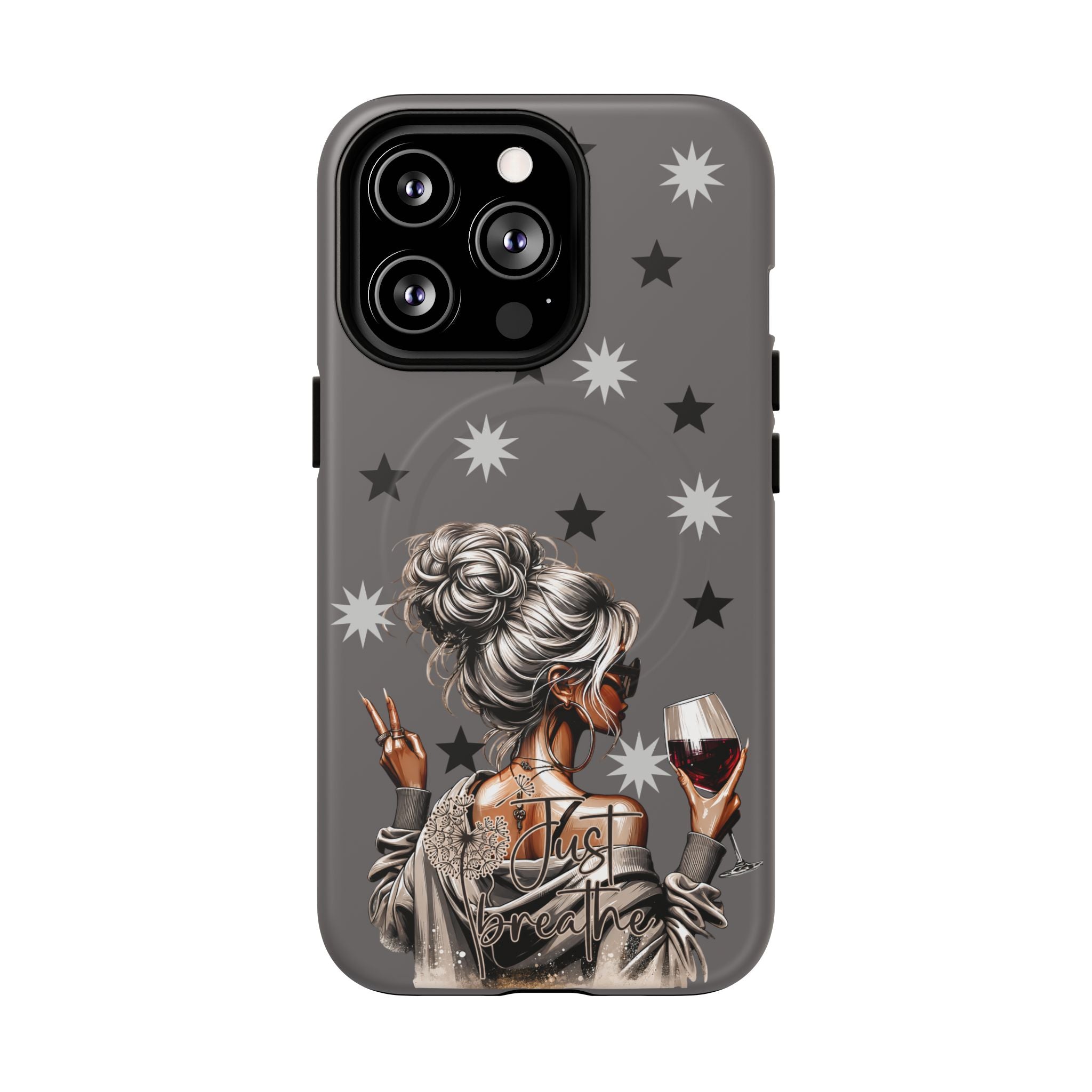 Tough magnetic phone case with star shapes and illustrated woman with wine glass