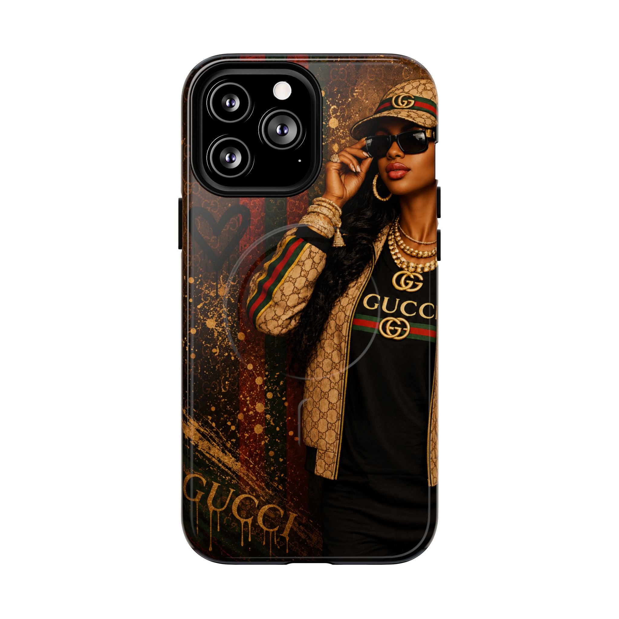 Black luxury phone case with Gucci fashion graphic, triple camera cutouts, curved corners