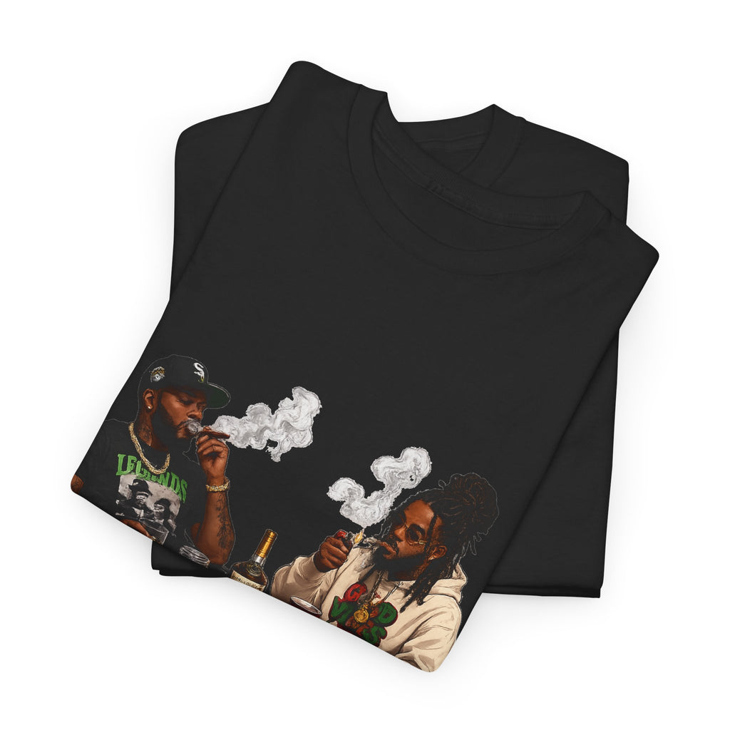 Two Friends Smoking at Table Tee | Casual Scene, Retro Illustration