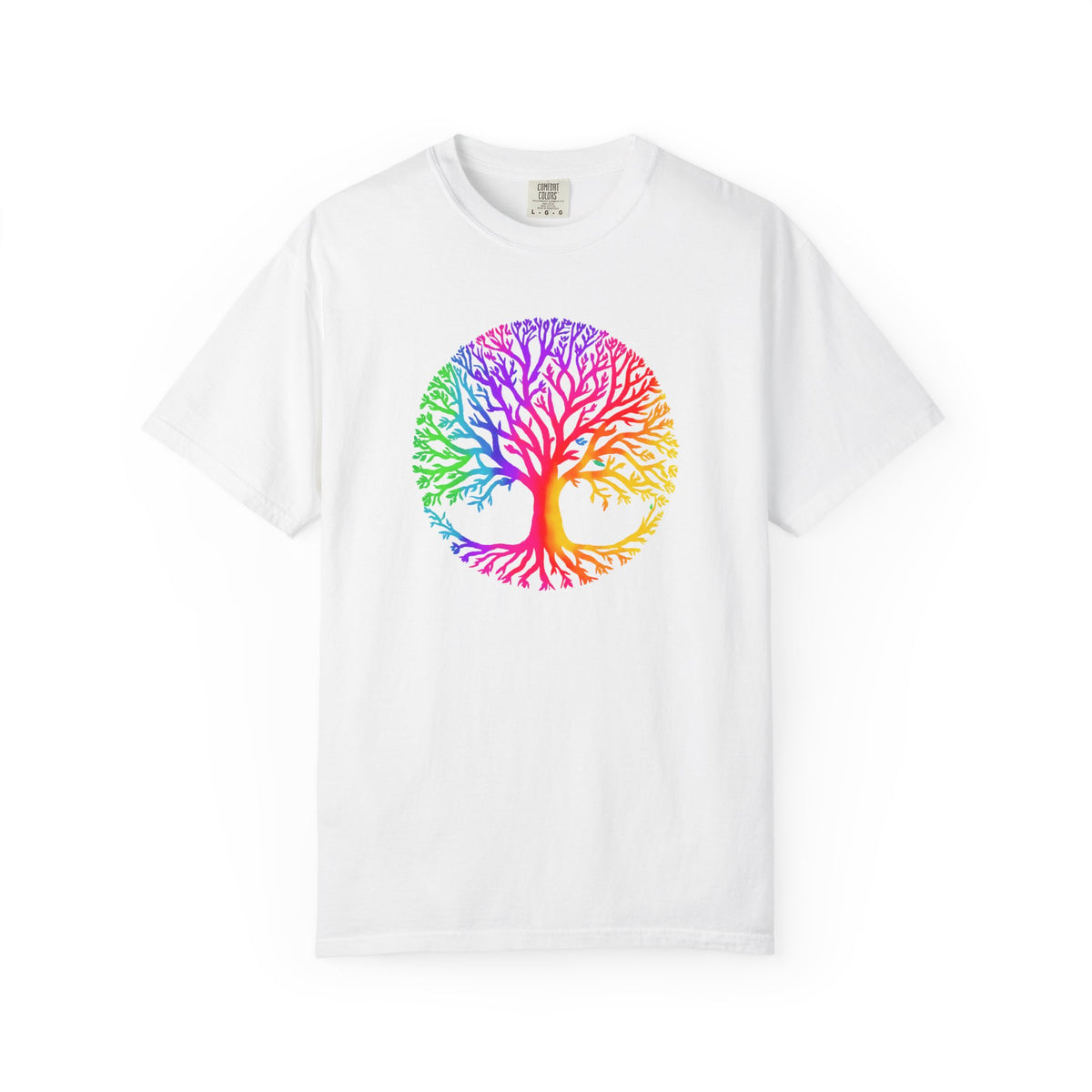 White T-shirt with colorful rainbow tree of life graphic centered on the front.