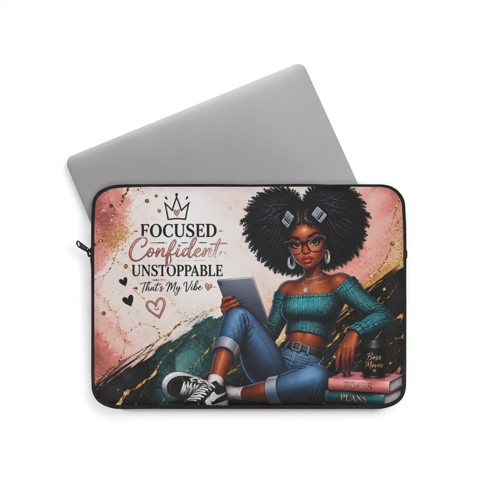 Focused Confident Unstoppable Laptop Sleeve | Afro Girl Scholar Illustration