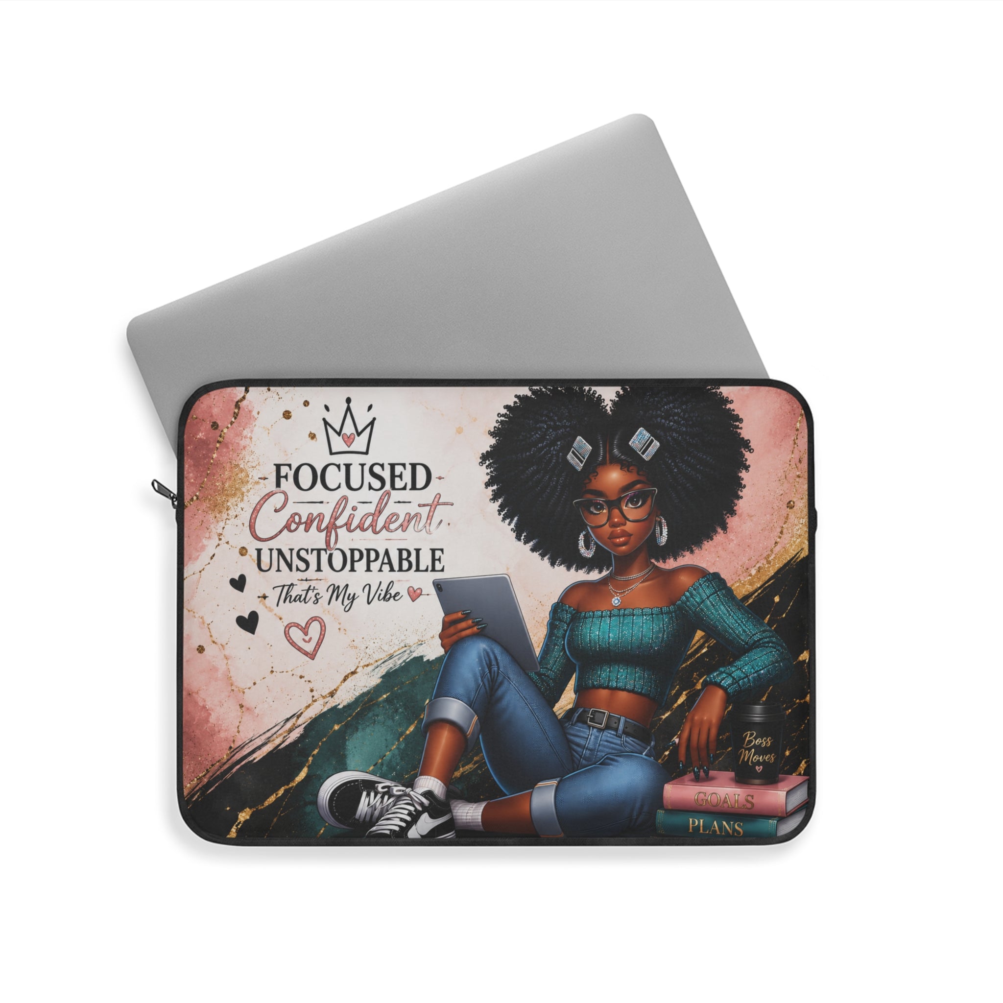 Focused Confident Unstoppable Laptop Sleeve | Afro Girl Scholar Illustration