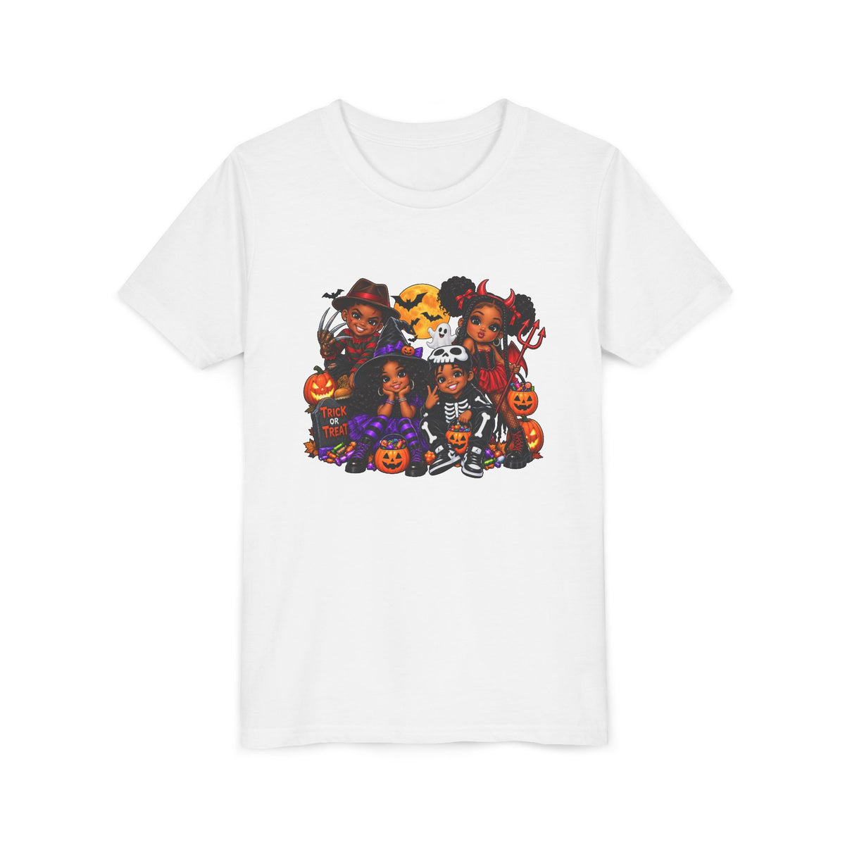 Kids Halloween Tee - Cute Black Girl Squad in Costumes with Pumpkins