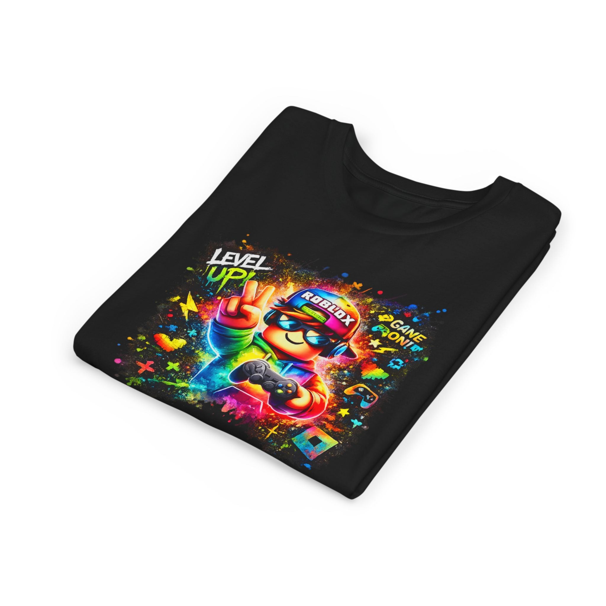 Level Up Gamer Character Youth Tee | Colorful Rainbow Gaming Design
