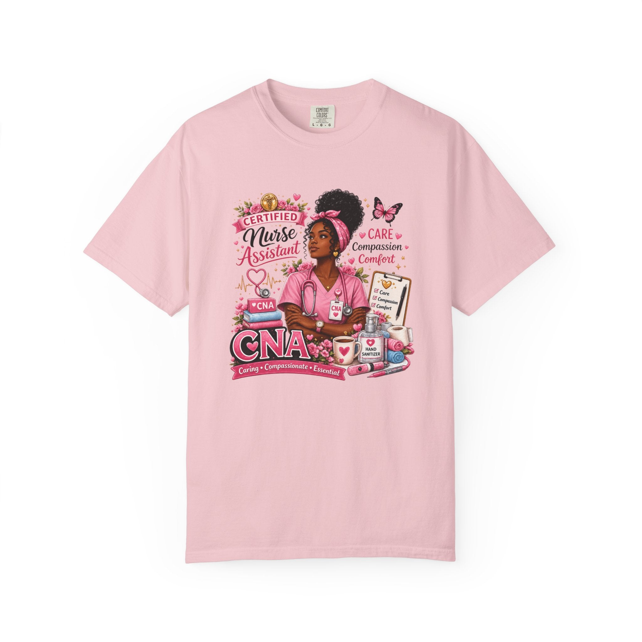 Light pink CNA nurse assistant t-shirt with floral tribute front graphic