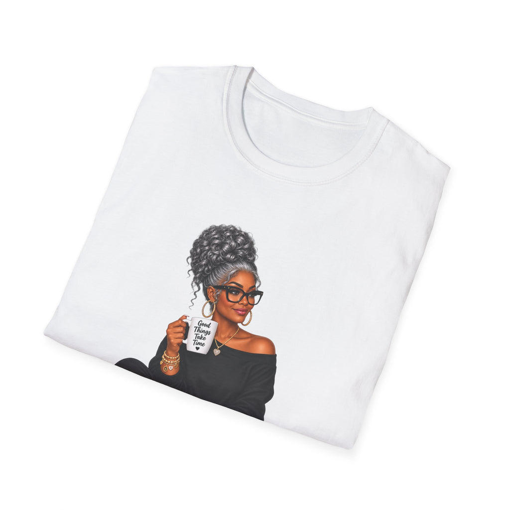 T-Shirt — Cozy Black Woman Illustration with Coffee (Relaxed Lounge Tee)