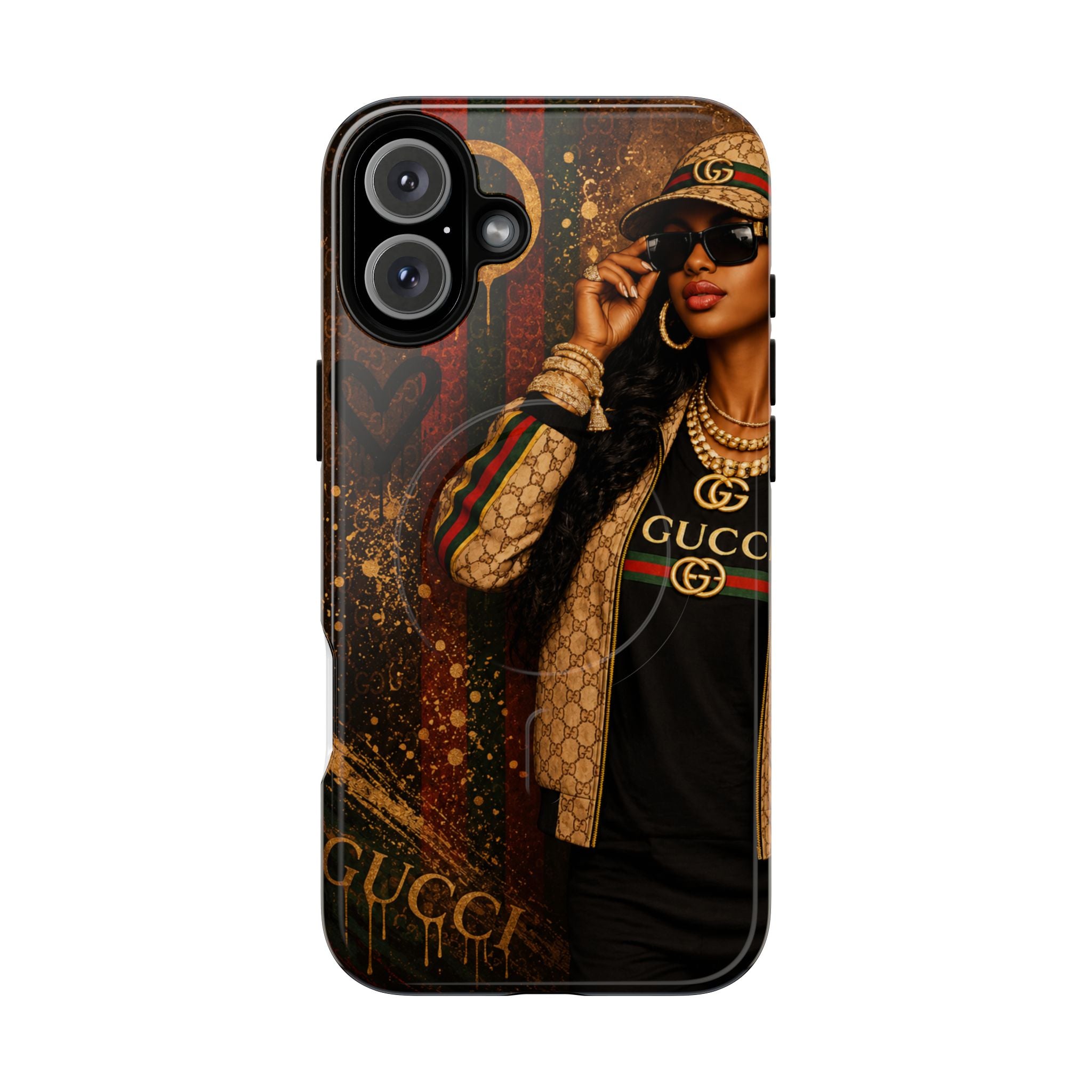 Tough phone case with Gucci logo print, dark brown/black portrait design and raised triple camera
