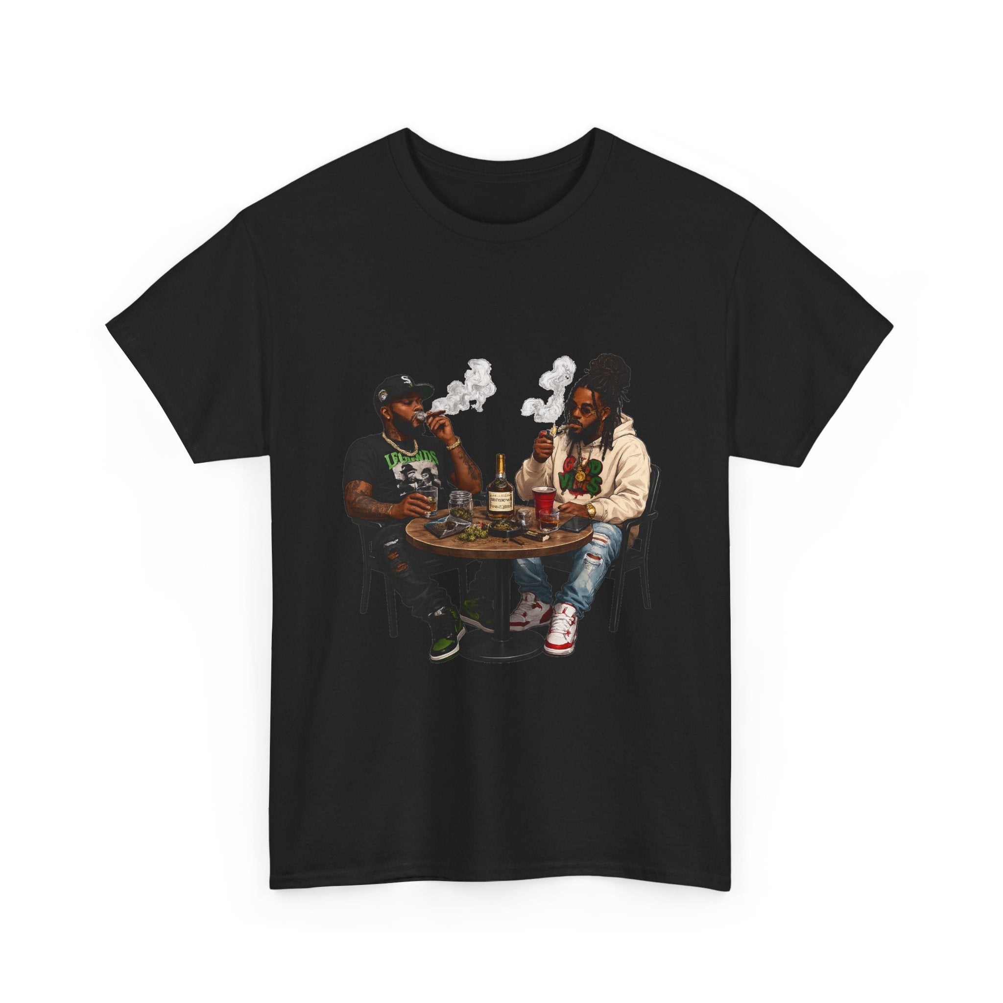 Two Friends Smoking at Table Tee | Casual Scene, Retro Illustration