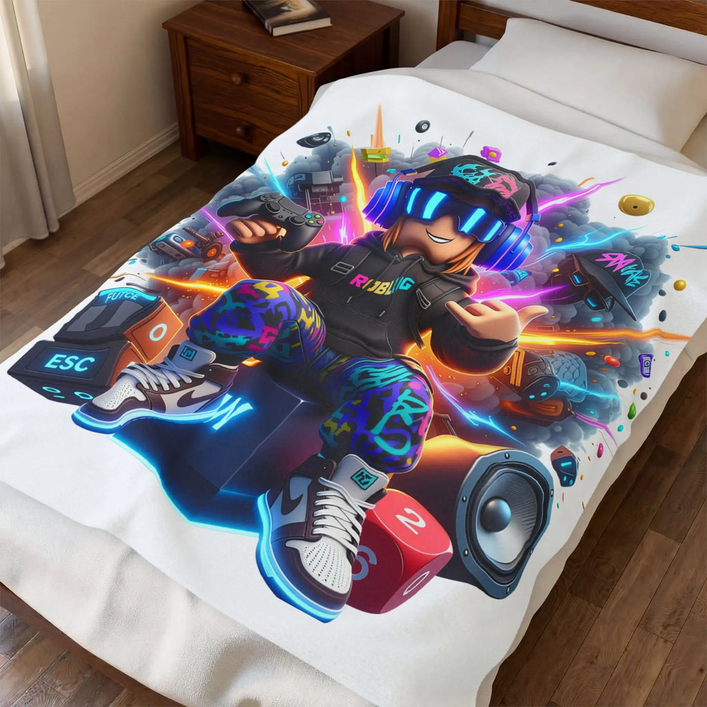 Neon Gamer Avatar Velveteen Plush Blanket | Soft Gaming Throw Blanket Gift