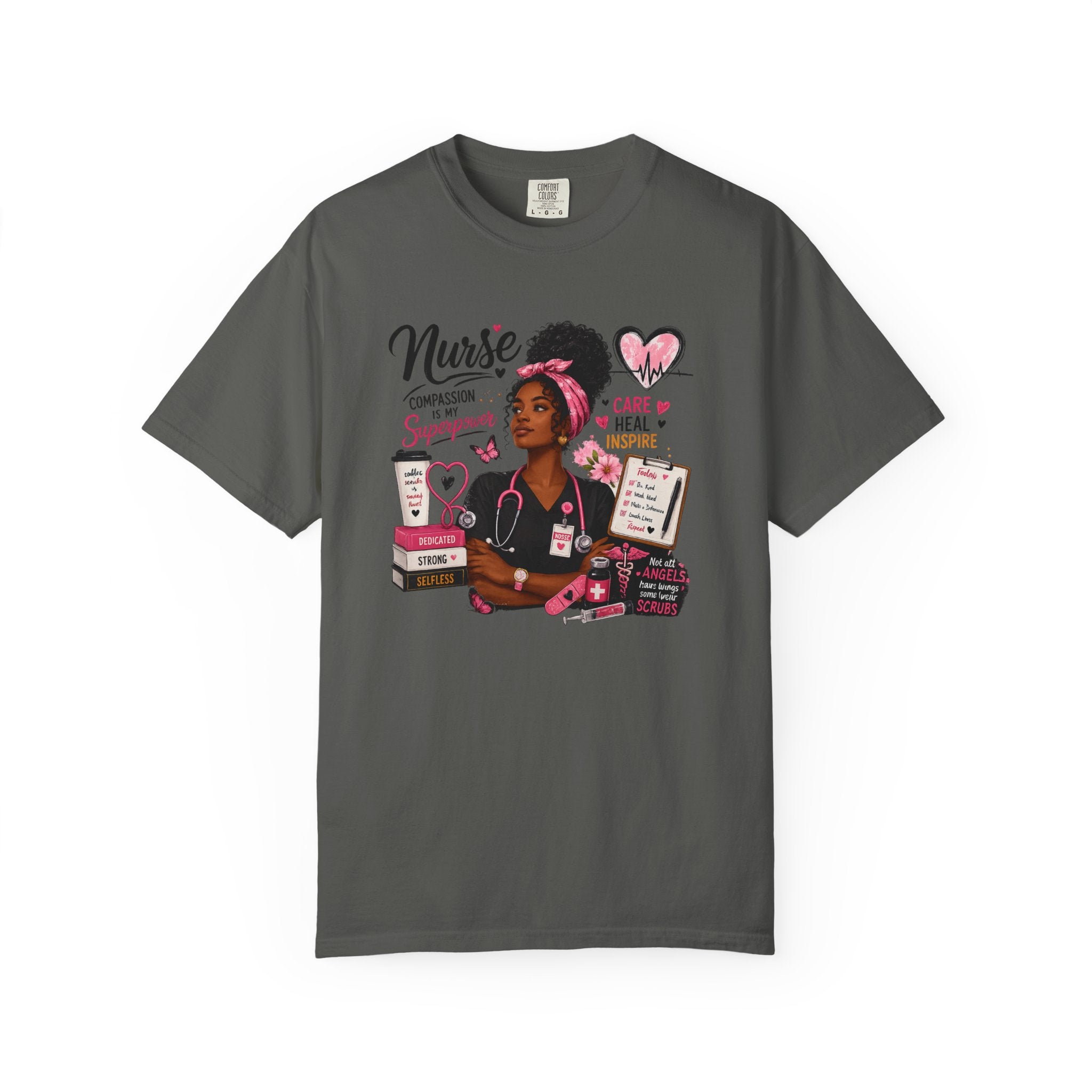 Grey nurse graphic t-shirt with colorful nurse illustration and heart icons.