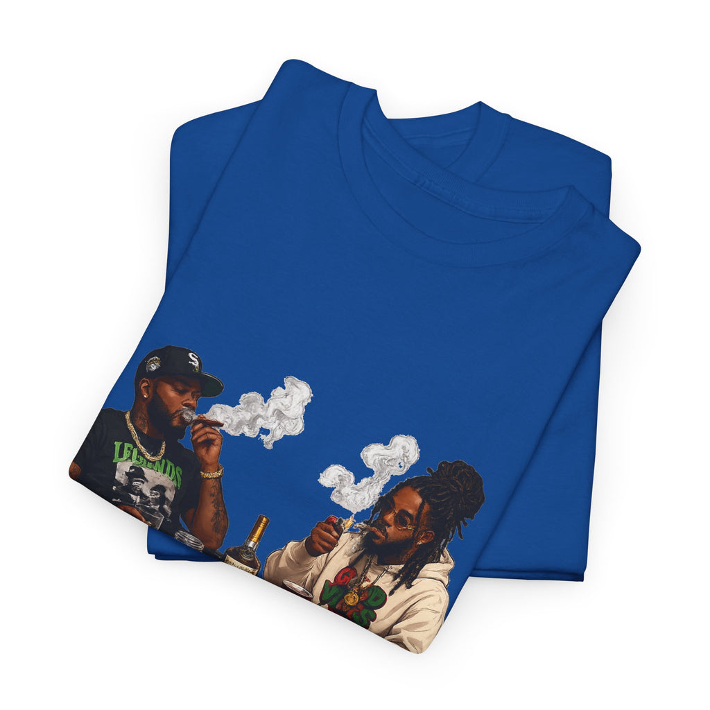 Two Friends Smoking at Table Tee | Casual Scene, Retro Illustration