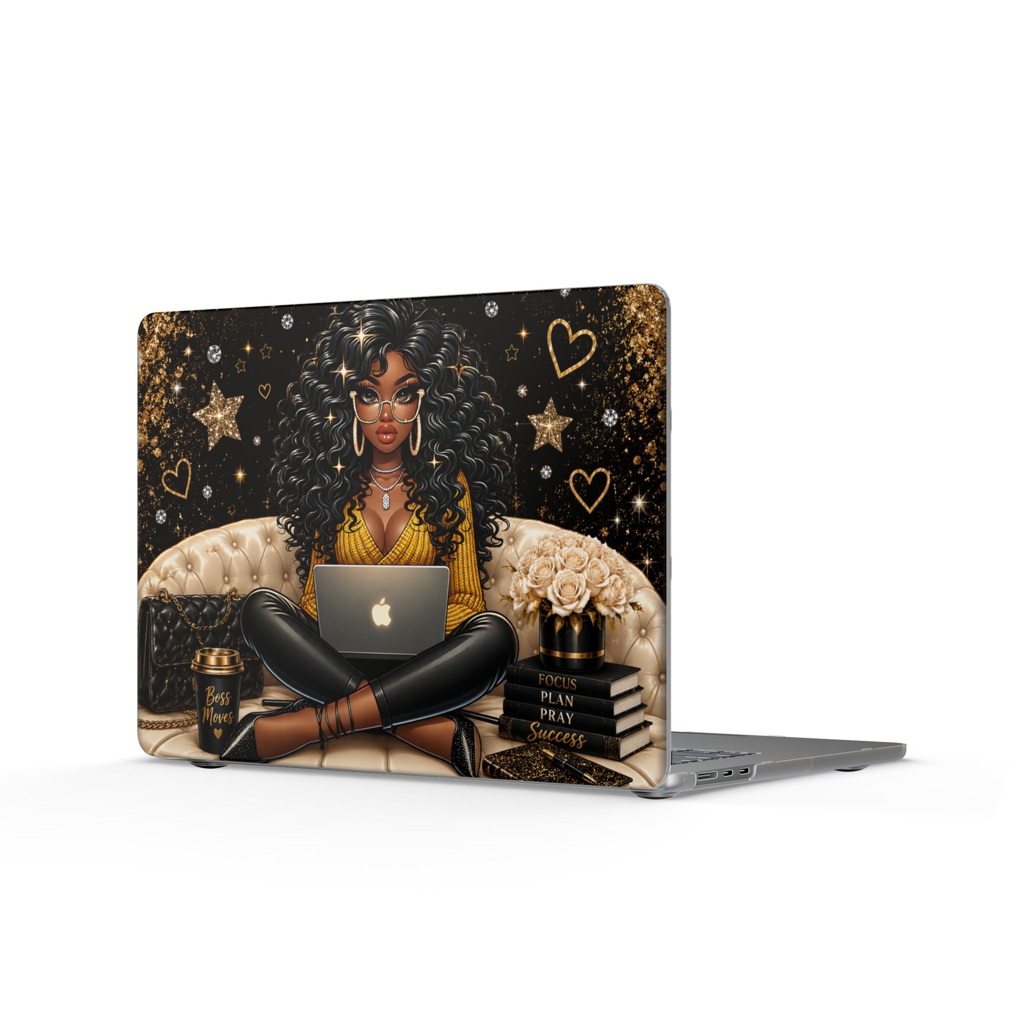 Black Curly Hair Woman with Laptop MacBook Case | Glam Gold Hearts